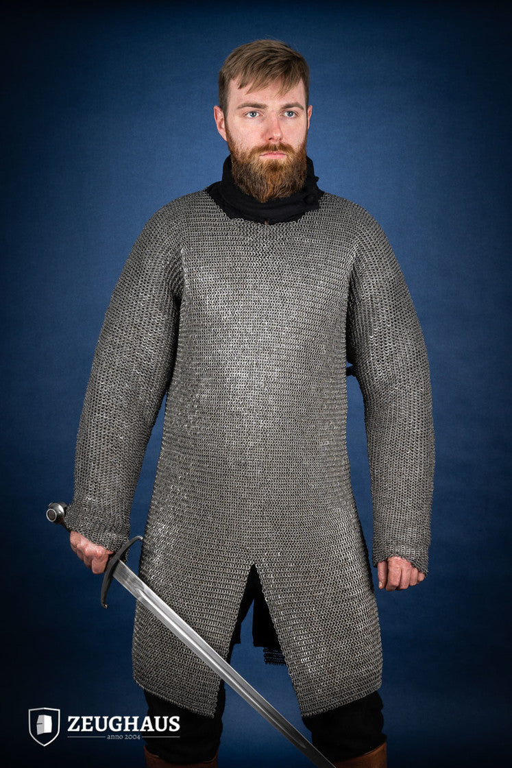 6mm Oiled Steel Flatring Riveted Chainmail Hauberk - Medieval Armor for LARP, Cosplay & Historical Reenactment