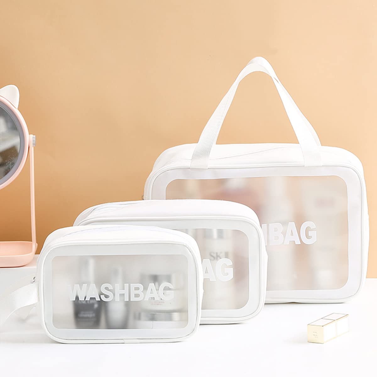 Clear Travel Toiletry Bag Set - 3 Pack Transparent Cosmetic & Makeup Organizer for Women | TSA Approved Waterproof Wash Bags for Air Travel, Gym, Beach & Vacation (White)
