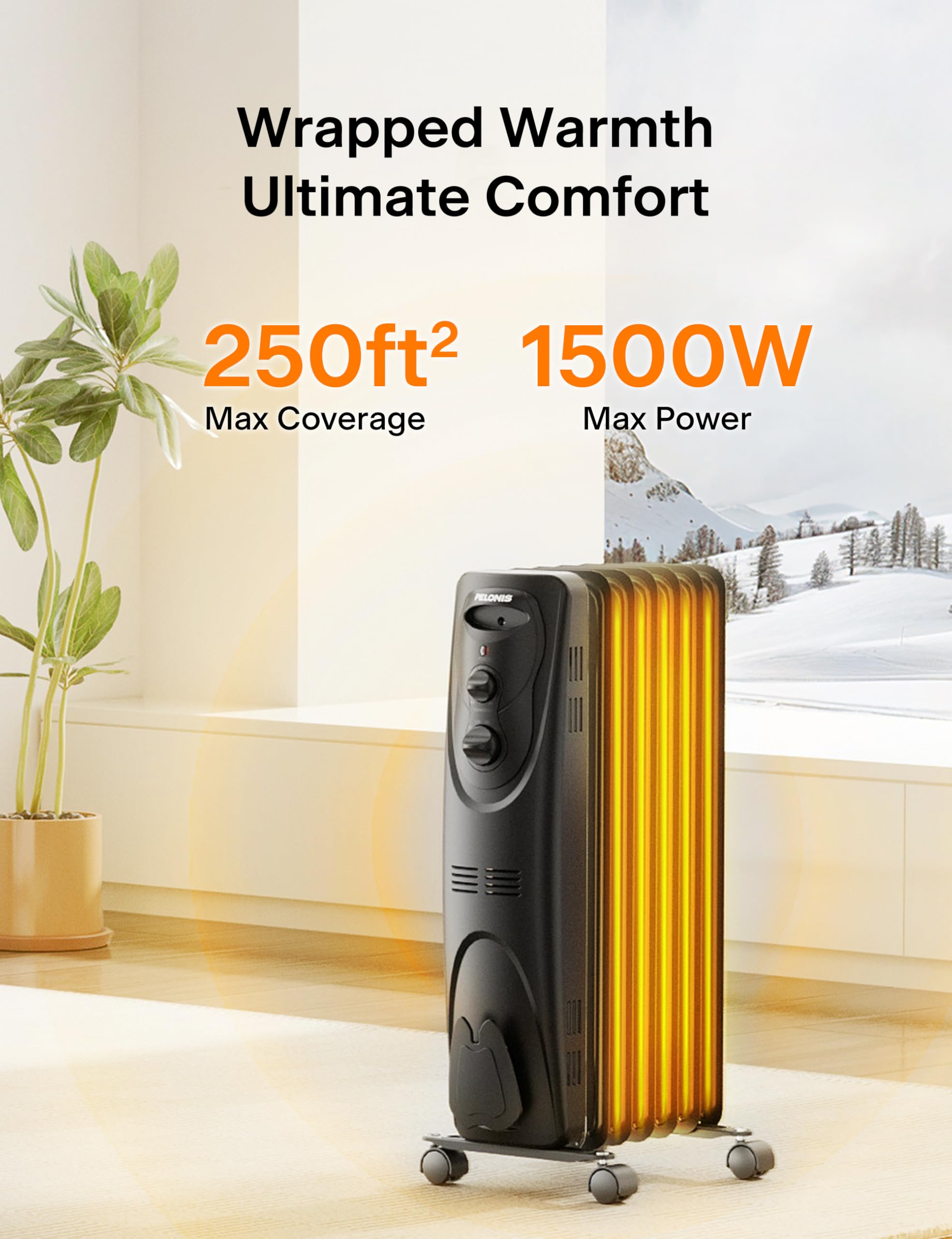 PELONIS PHO15A2AGB 1500W Electric Oil Filled Radiator Heater - Portable Space Heater for Home, Office, Bedroom - Black, 26.1