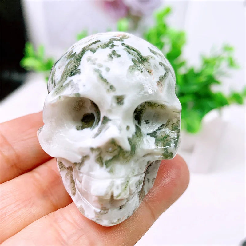 Natural Moss Agate Skull Carving - 2in Mini Crystal Stone Statue Figurine for Home Decor, Halloween Decoration & Witchcraft Gift - Perfect for Altar Display, Meditation Space & Gothic Decor