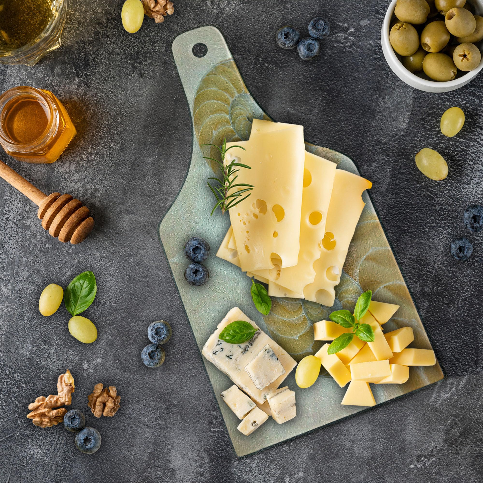 Ambesonne Seashells Cutting Board - 2-Sided Geometric Mirrored Symmetric Design, Tempered Glass Serving Board for Kitchen & Dining - Wine Bottle Shape in Cream White - Perfect for Cheese, Charcuterie & Wine Pairing