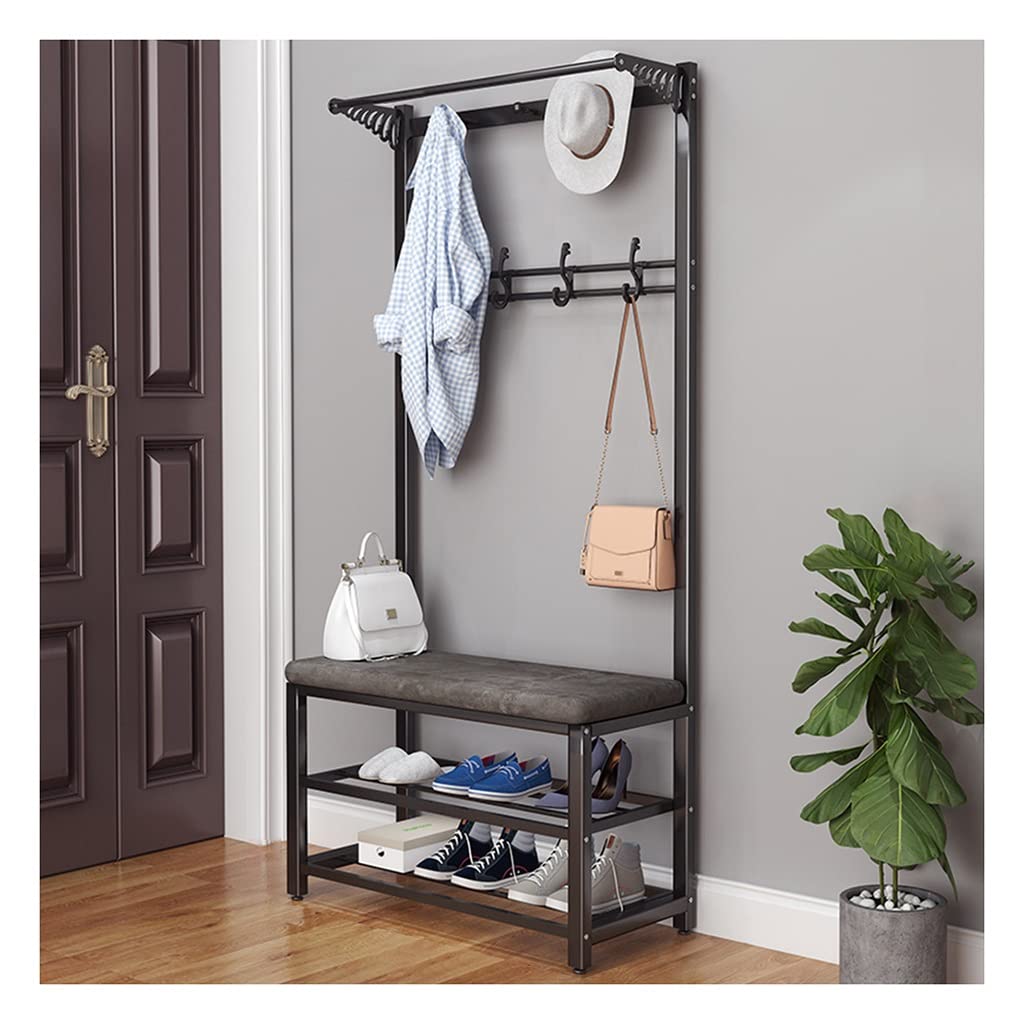 YAWEDA 4-in-1 Entryway Hall Tree with Shoe Bench - Industrial Coat Rack & Shoe Storage Organizer with 13 Hooks, Metal Frame (Black, 60x33x170cm) - Perfect for Small Spaces, Apartments & Mudroom Organization