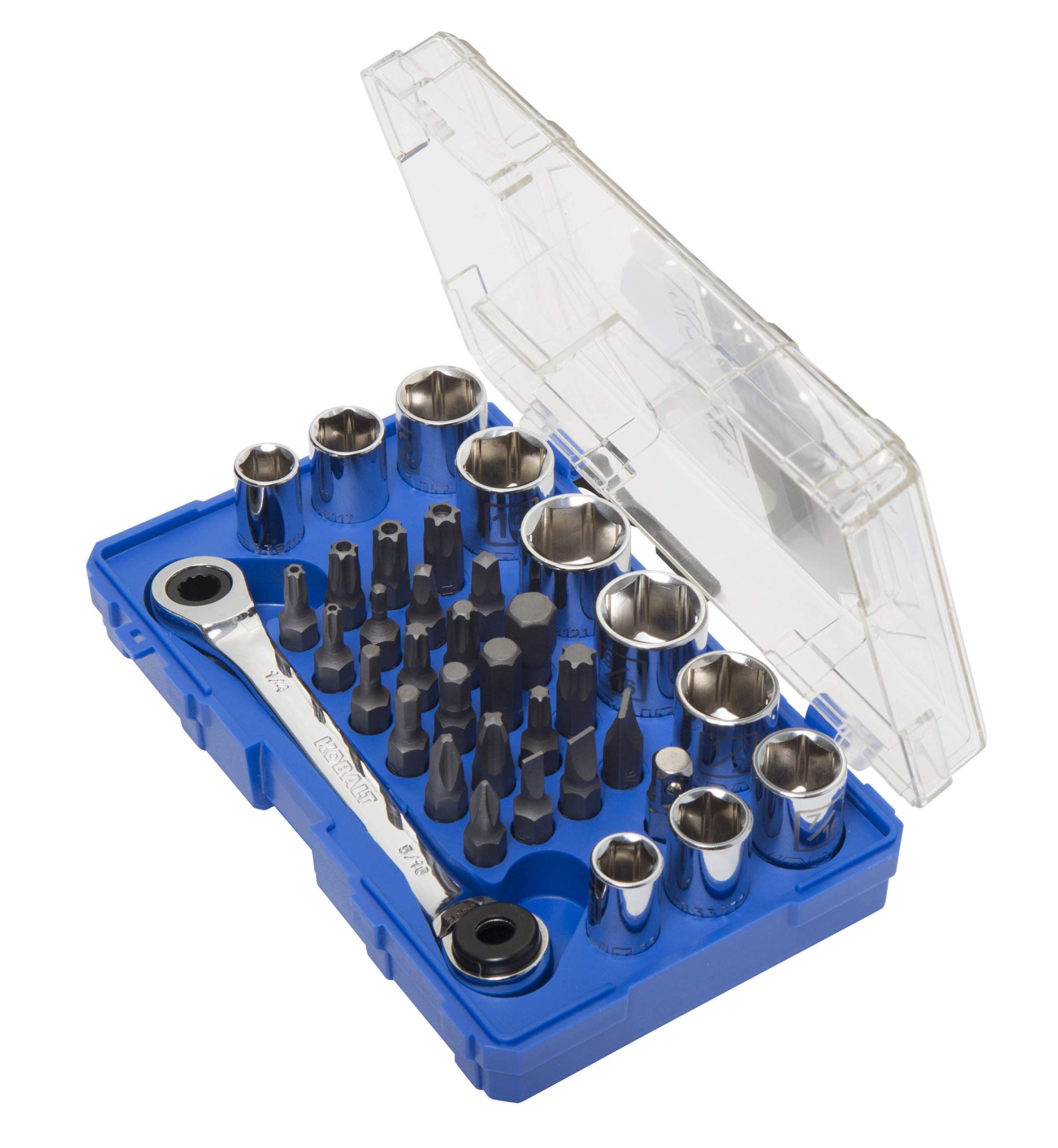 Kobalt 338358 35-Piece 1/4-Inch Drive Mechanic's Tool Set - Inch/Metric Sockets, Reversible Ratcheting Wrench, Screwdriver Bits (Hex, Torx, Square) - Perfect for Automotive Repair, DIY Projects & Home Maintenance