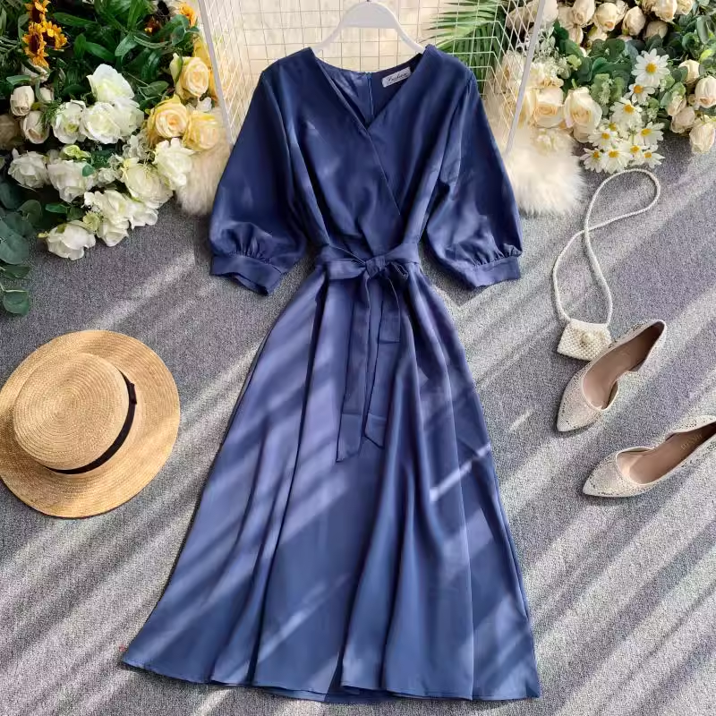 Stylish V-Neck Midi Skirt with Belt - Women's Fashion Mid-Length Skirt for Casual Wear & Office Outfits | Perfect for Spring/Summer Dresses & Everyday Elegance