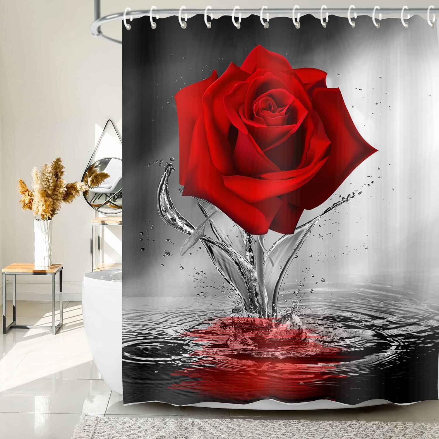 Romantic Red Rose Shower Curtain with Floral Blossom Design - Water Reflection Pattern Fabric Bath Curtain in Black & Red - Machine Washable 69x75 Inches for Bathroom Decor & Spa-Like Experience