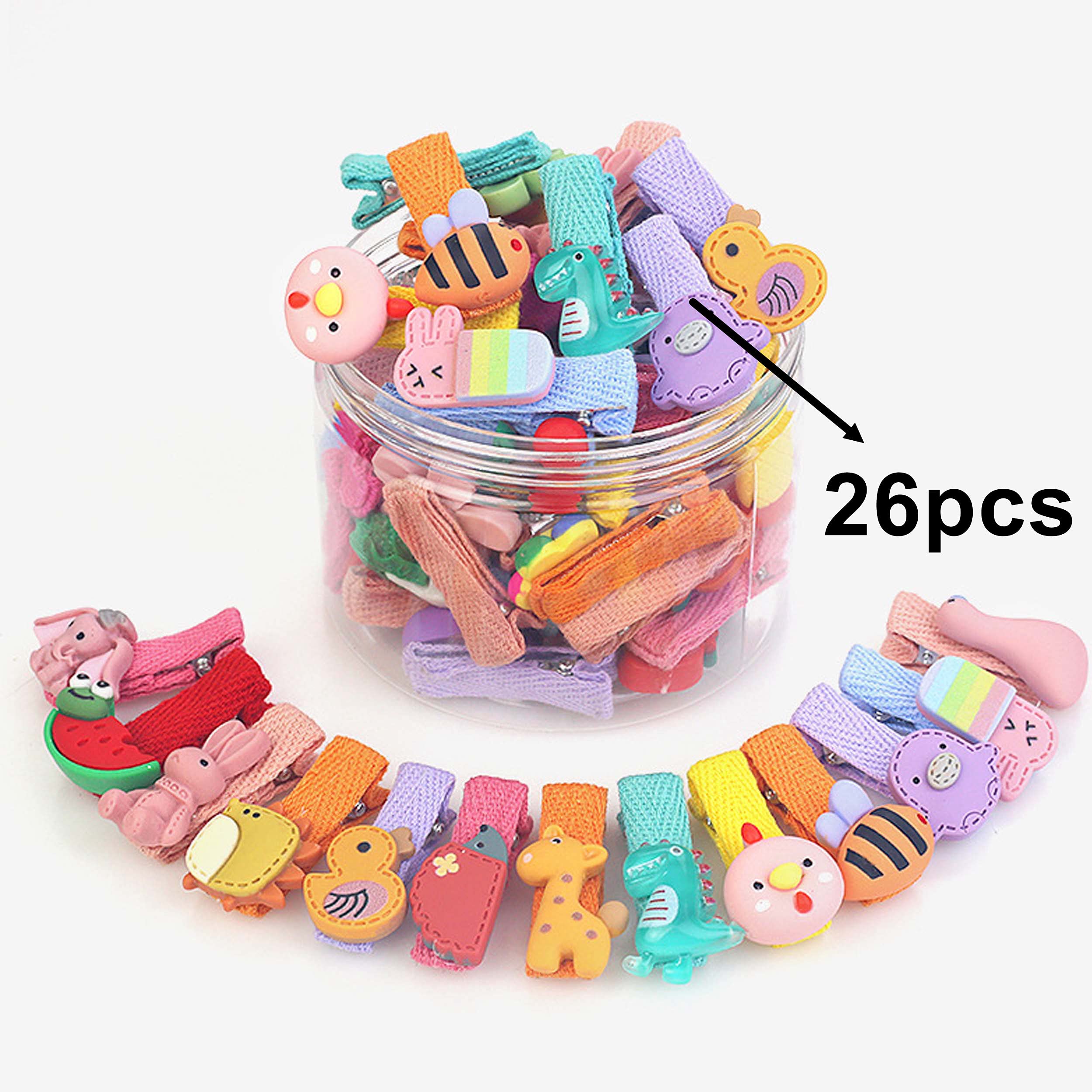 26PCS Mixed Color Animal Fabric Hair Clips - Cute Hairpins & Hair Ties Set with Storage Box for Girls, Teens & Kids - Perfect for School, Parties & Daily Hair Styling (Animal Theme)