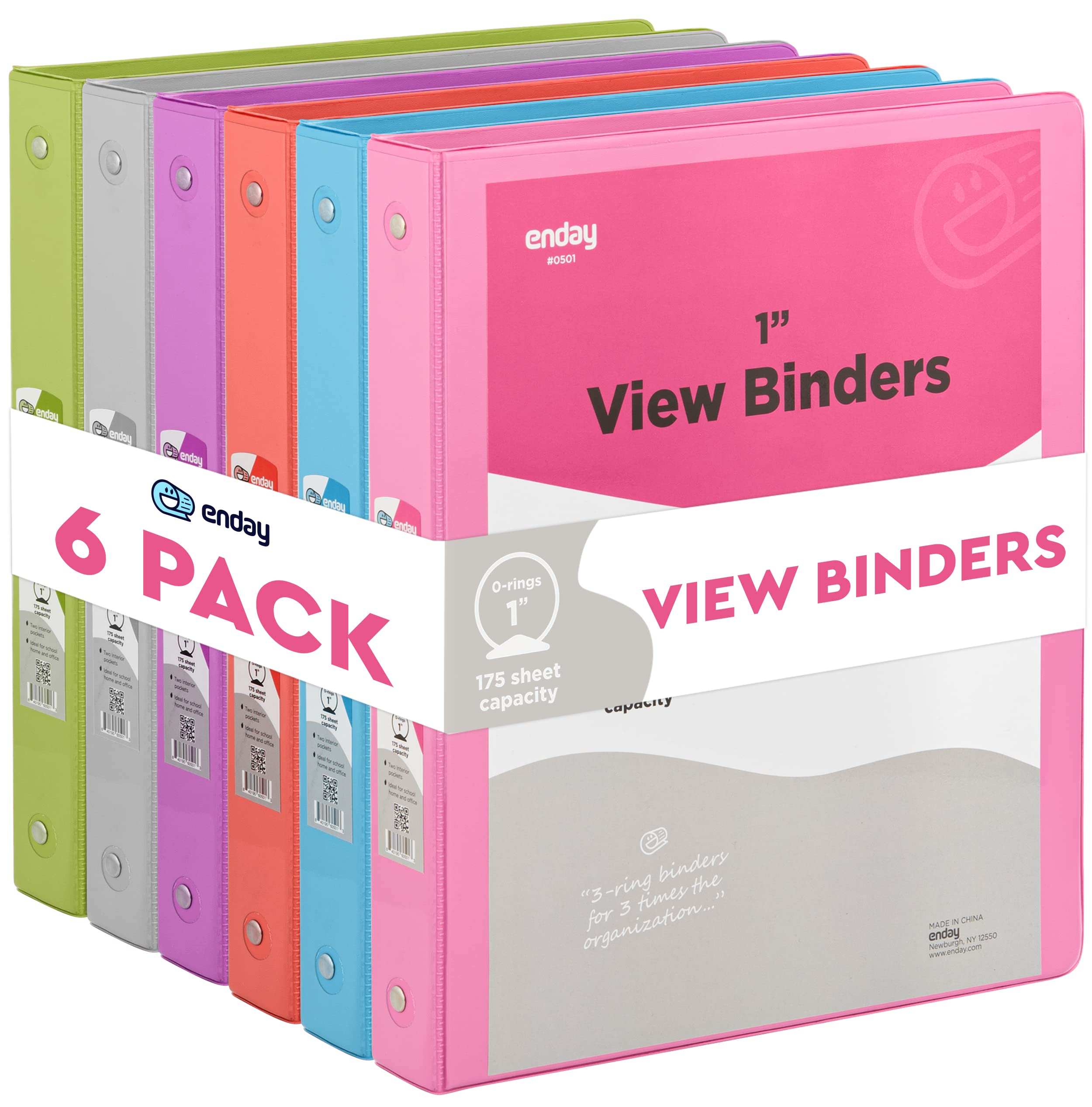1 Inch 3 Ring Binder with Clear View Cover - 2 Inside Pockets Round Ring Binder for School, Office & Home Organization - Grey, Pink, Blue, Purple, Green, Red (24 Pack) - Perfect for Students, Teachers & Professionals