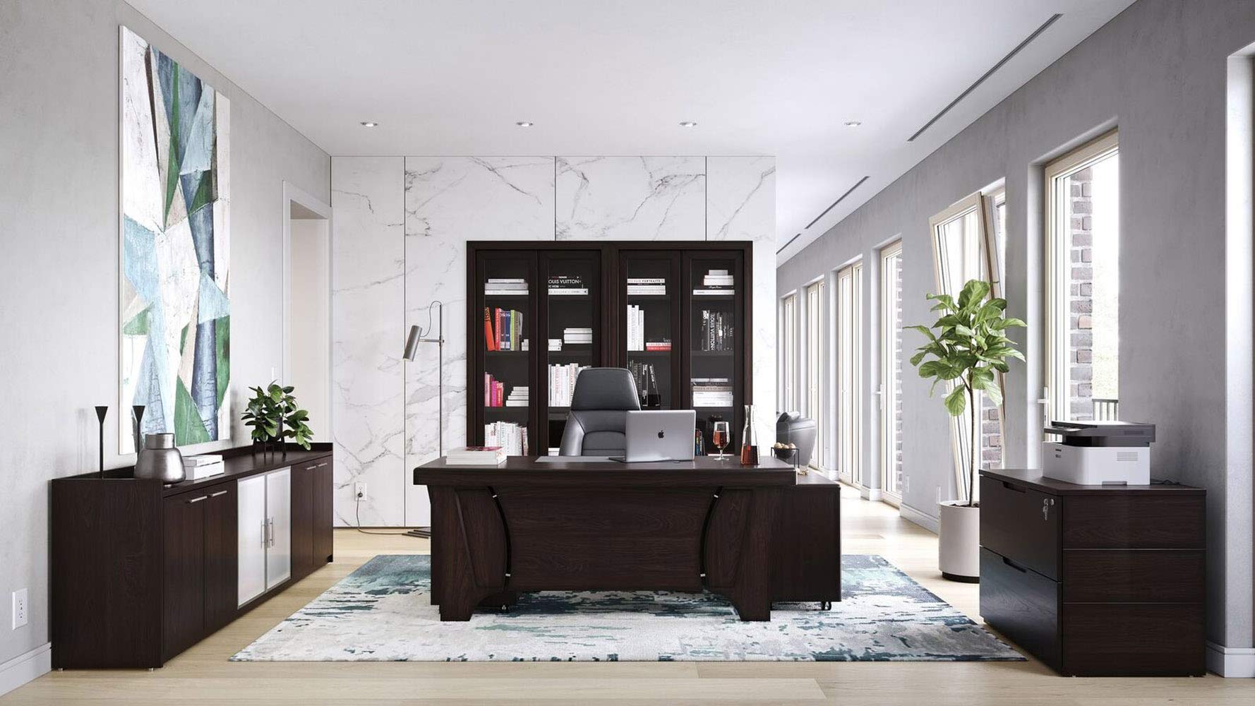 ZURI Furniture 70 Inch Modern Quincy Dark Walnut Wood Desk - Stylish Home Office Desk for Work & Study, Perfect for Home Office, Study Room or Workspace