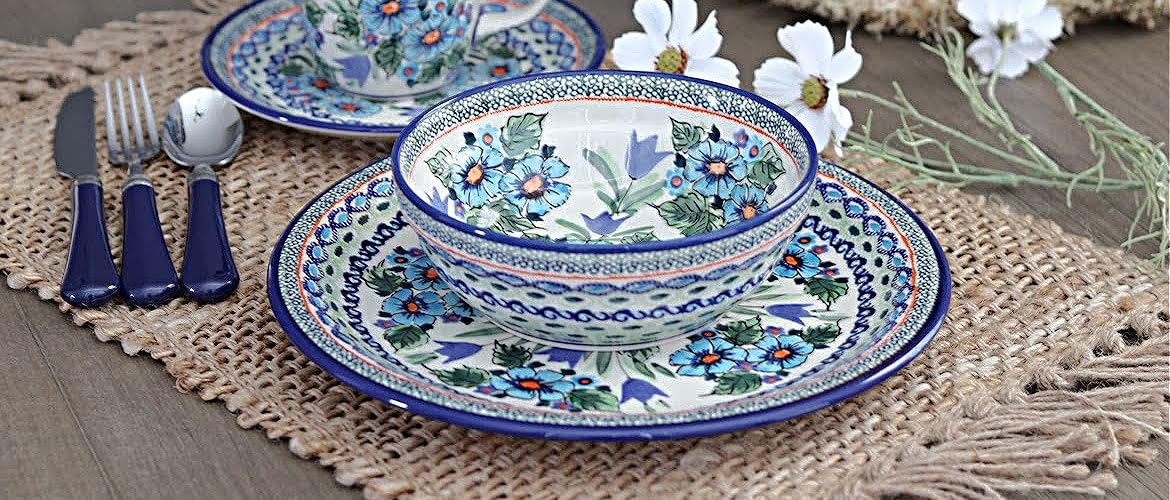 Handmade Blue Rose Polish Pottery Ballina Dinner Plate - Elegant Floral Design for Dining, Entertaining & Home Decor