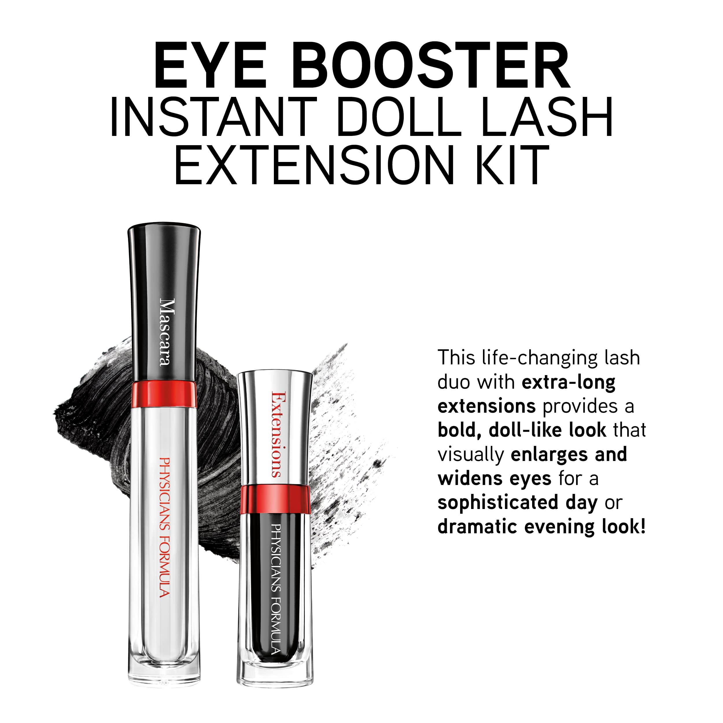 Physicians Formula Eye Booster Volumizing & Lengthening Mascara - Instant Doll Lash Extension Kit in Ultra Black | Hypoallergenic, Dermatologist & Clinically Tested | Cruelty-Free Vegan Mascara for Sensitive Eyes | Perfect for Daily Wear, Special Occasions & Lash Extensions