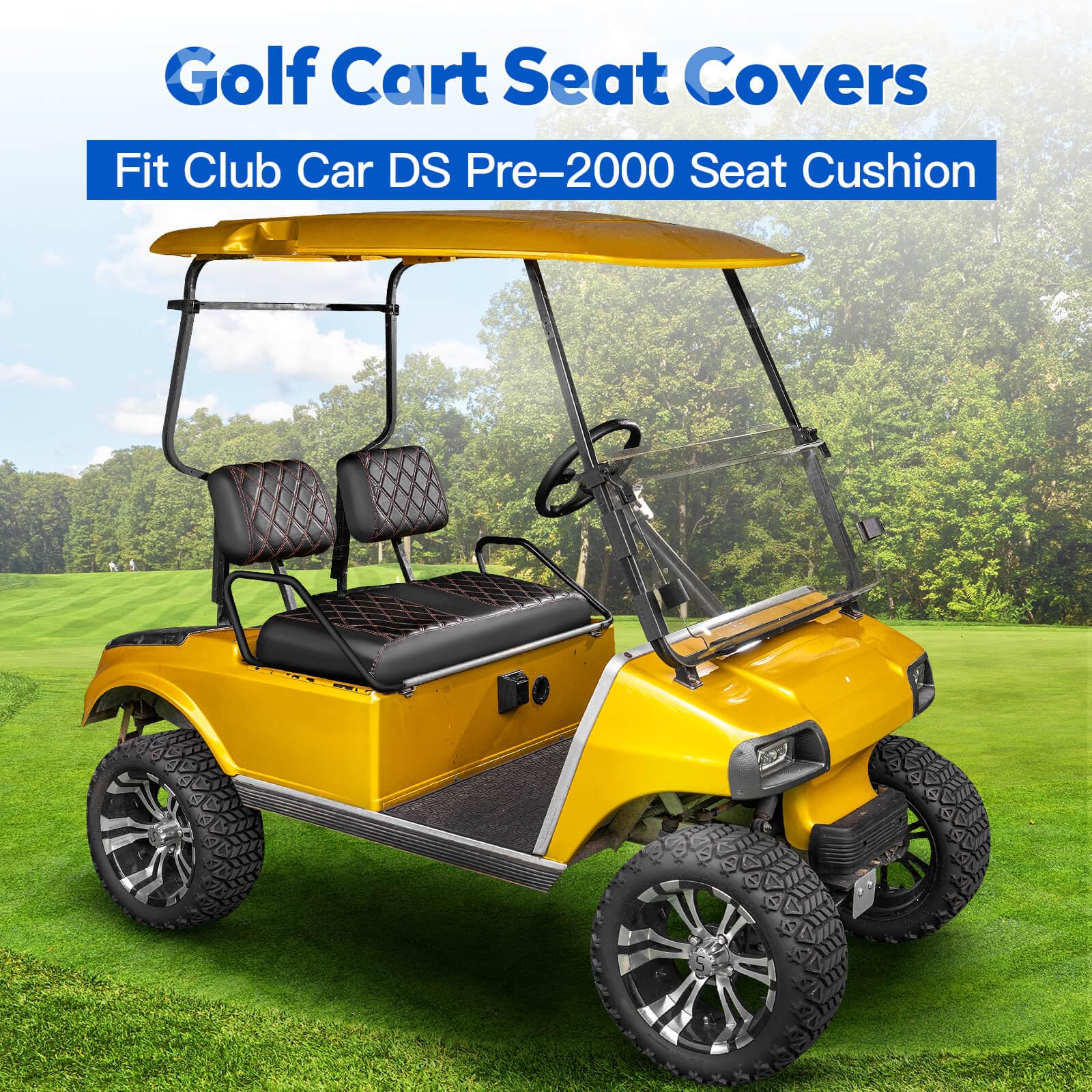 Premium Golf Cart Diamond Seat Covers Kit - Universal Fit for Club Car DS Pre-2000 Models | No Nails Required Vinyl Seat Covers with Black & Brown Stitching | Perfect for Golf Course Rides, Outdoor Events & Custom Cart Upgrades