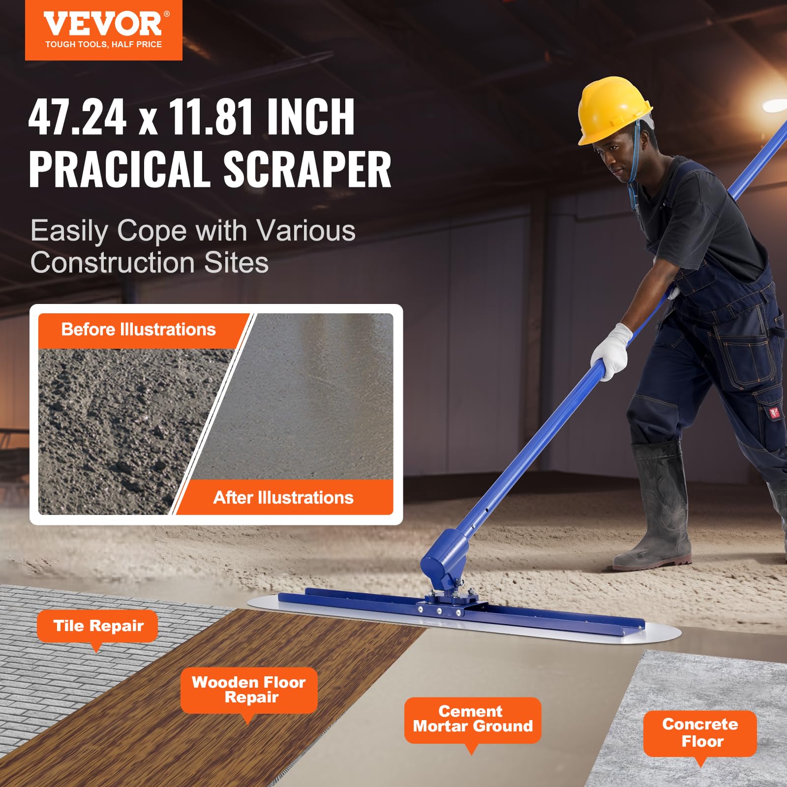 VEVOR 47x11.8 Inch Manganese Steel Bull Float - Professional Concrete Finishing Tool for Driveways, Patios & Pool Decks - Includes Float Handle & Bracket - Durable Cement Smoothing Kit for Construction Projects