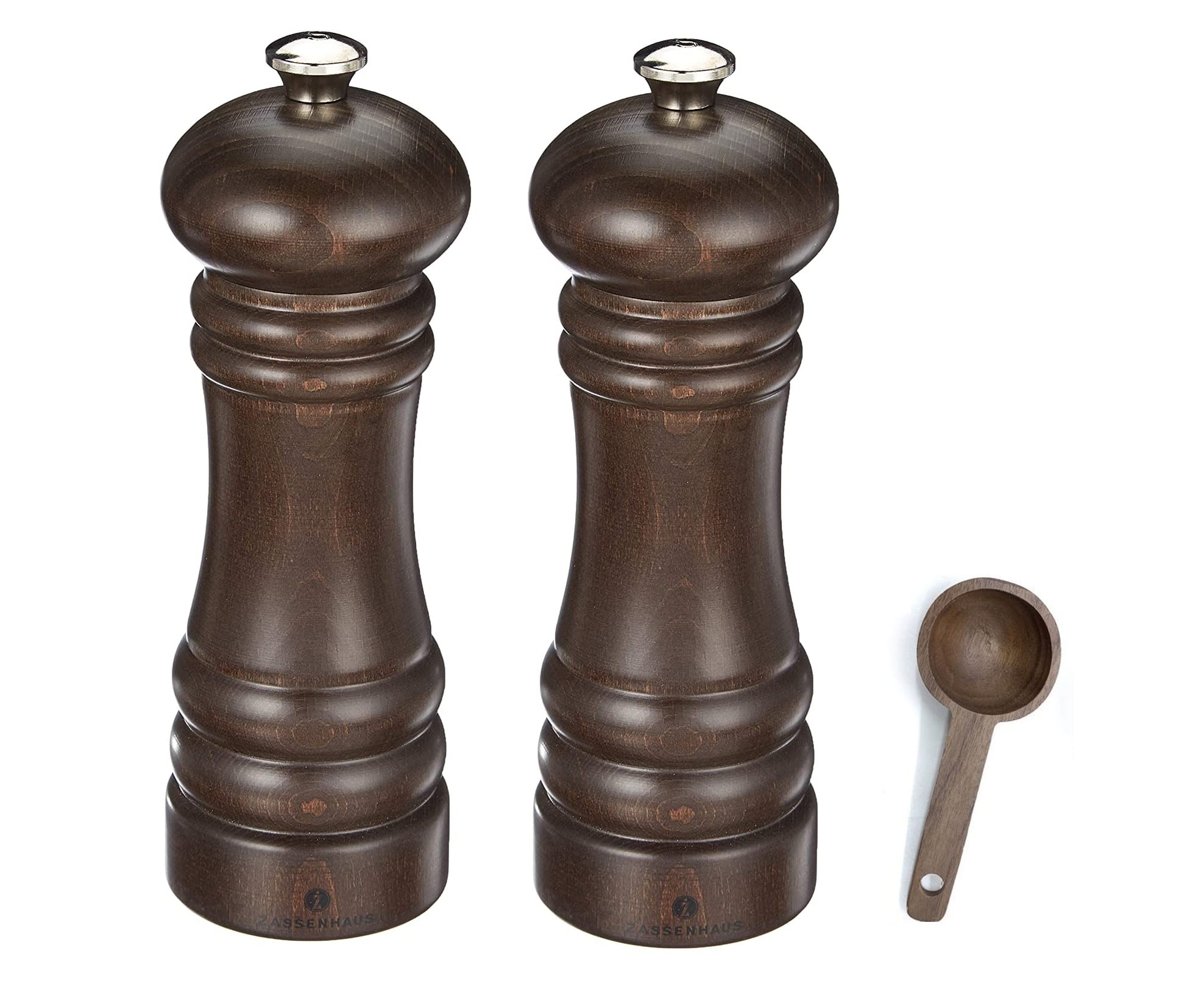 Premium Zassenhaus Berlin Dark Stained Wood Salt and Pepper Mill Set - 7.1 Inch Refillable Grinders with Wooden Scoop - Perfect for Kitchen, Dining Table & Gift Giving
