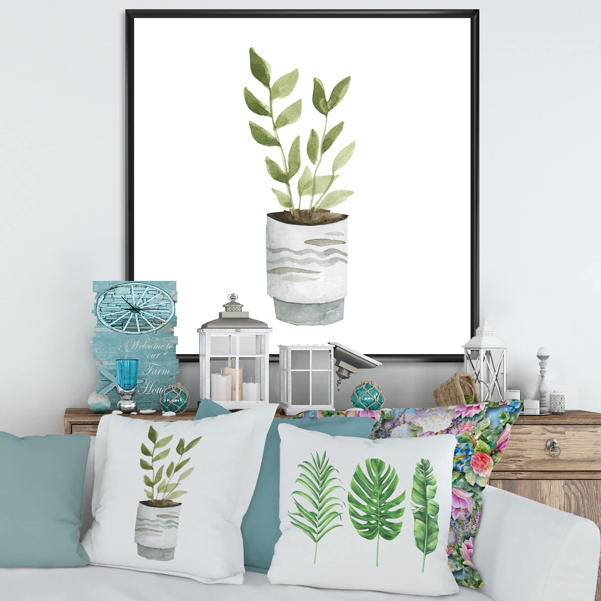 DesignQ Indoor Green Home House Plants II - Traditional Framed Canvas Wall Art Print for Living Room, Bedroom & Office Decor | Nature Inspired Botanical Wall Decor