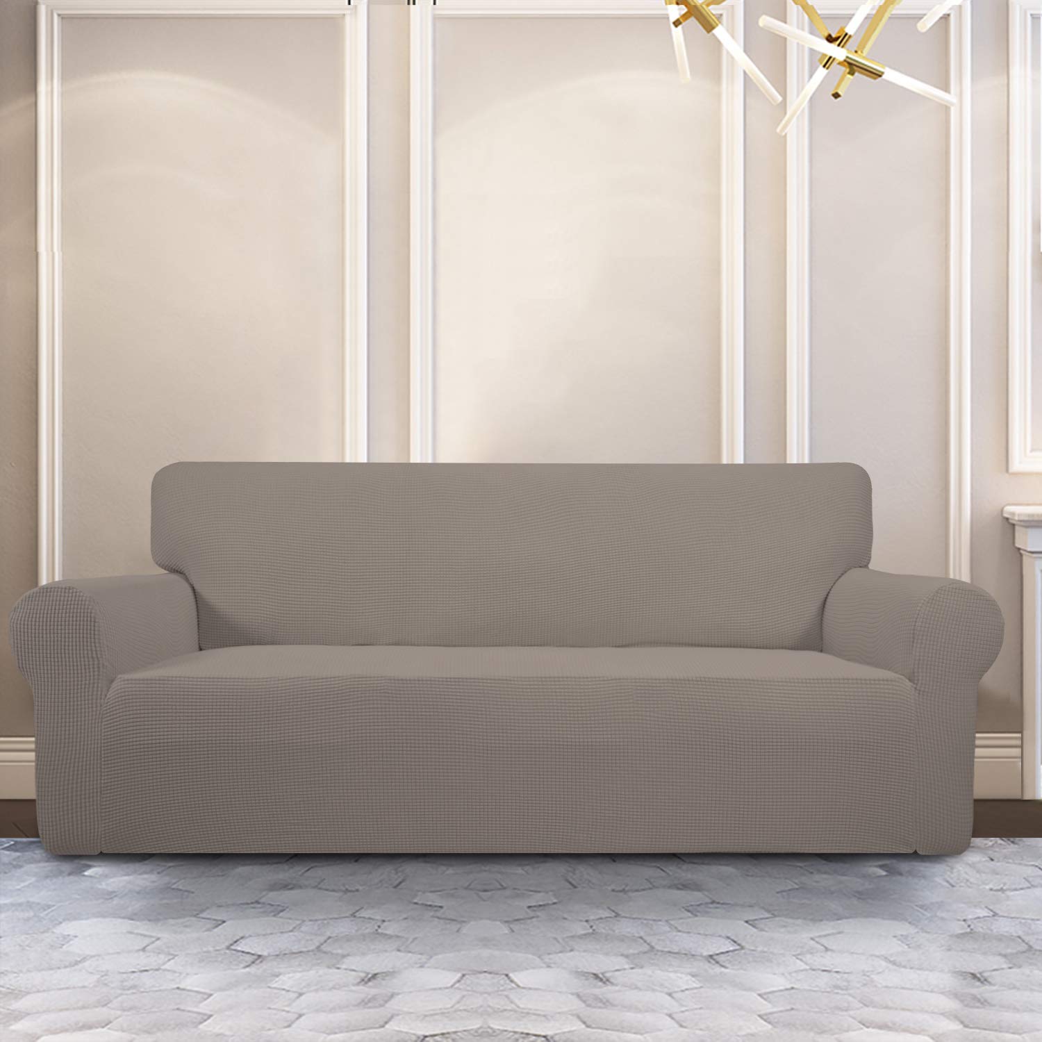 PureFit Stretch Sofa Slipcover - Washable Jacquard Spandex Non-Slip Couch Cover with Elastic Bottom & Non-Skid Foam, Furniture Protector for Living Room, Kids & Pets (Taupe) - Perfect for Home Decor, Pet Owners & Families with Children