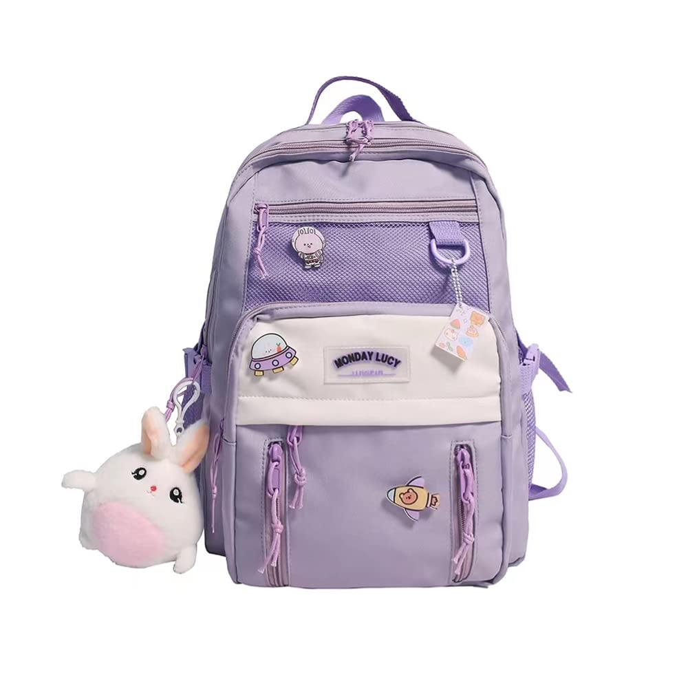 Durable Large Capacity High School Backpack for Teens & College Students - Waterproof Laptop Backpack with Mesh Pocket & Cute Pendant - Perfect for School, Travel & Daily Use (Purple)