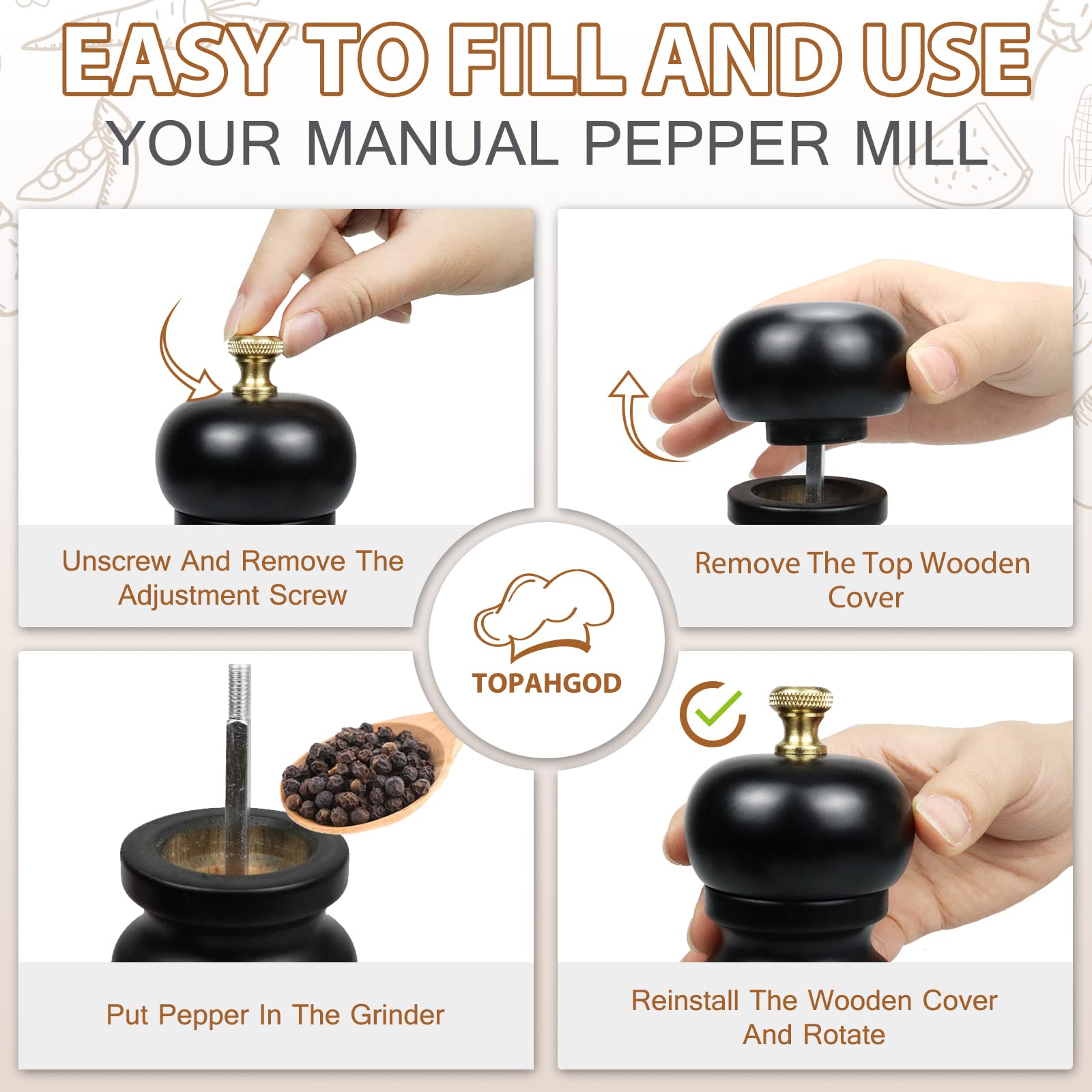 Premium 2-Piece Wooden Salt and Pepper Grinder Set - Adjustable Coarseness, Ceramic Rotor, Refillable Spice Mill - Matt Black Kitchen Essentials (16.5cm) for Home Cooking, Dining & Gourmet Seasoning