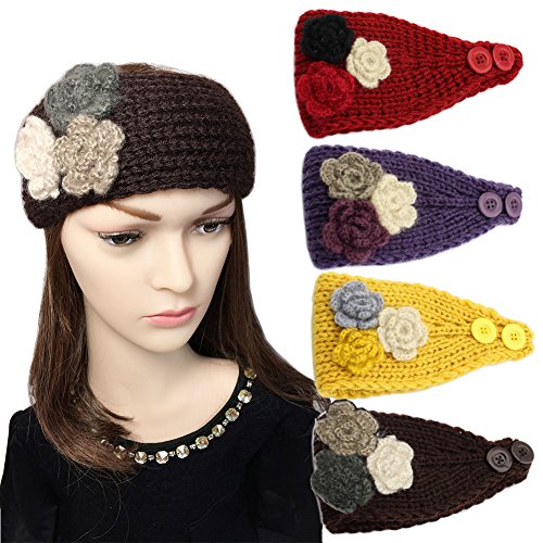 YSJOY Elegant Women's Crochet Knitted Headbands - 3 Floral Design Winter Warm Hair Accessories (4 Pack) - Perfect for Winter Outfits, Outdoor Activities & Gift Giving