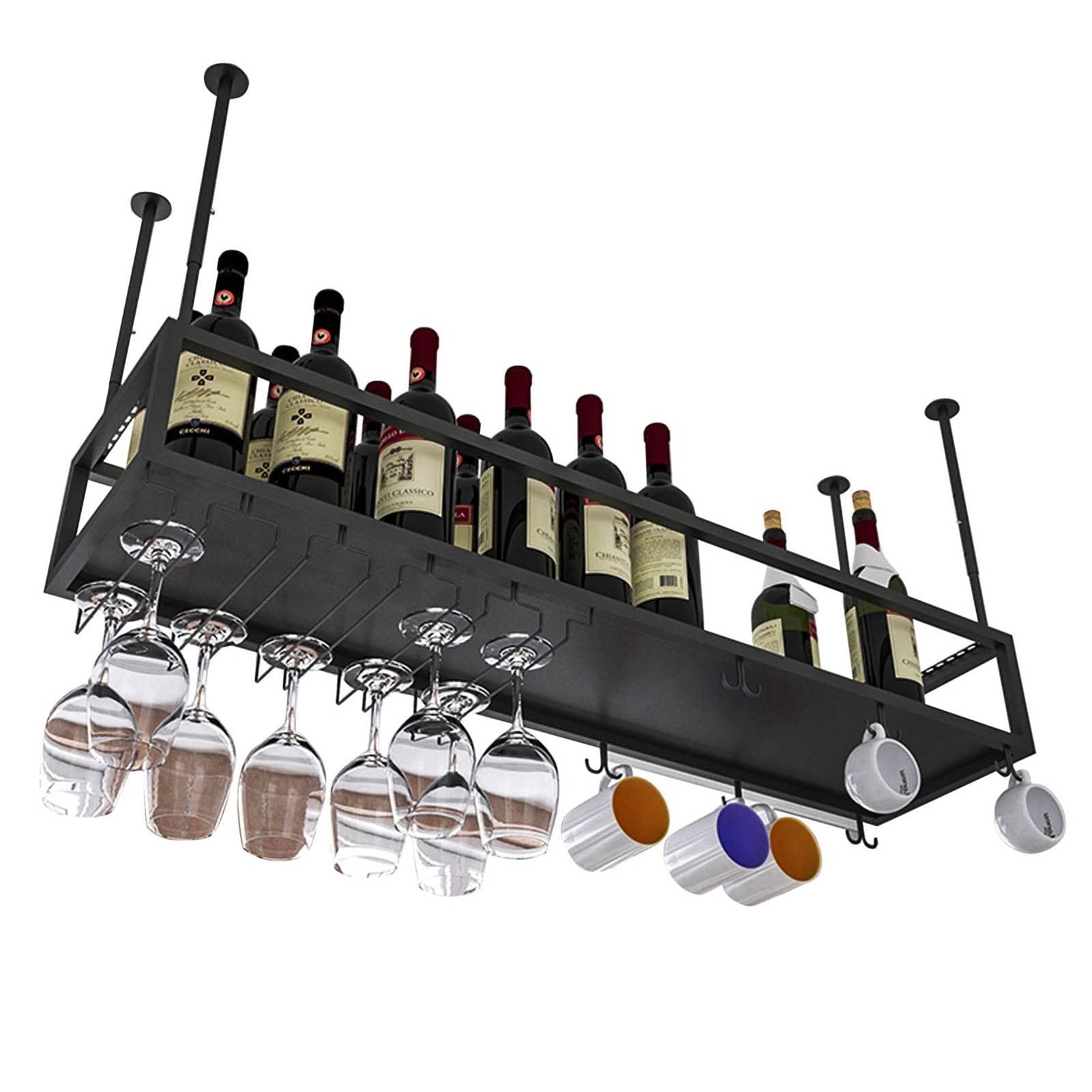 Black Iron Ceiling Hanging Wine Rack - Adjustable Height (60x25x21cm) for Wine Bottles & Glass Goblets Storage | Rustic Bar, Kitchen Decor | Perfect for Dining Rooms, Restaurants & Home Wine Cellars