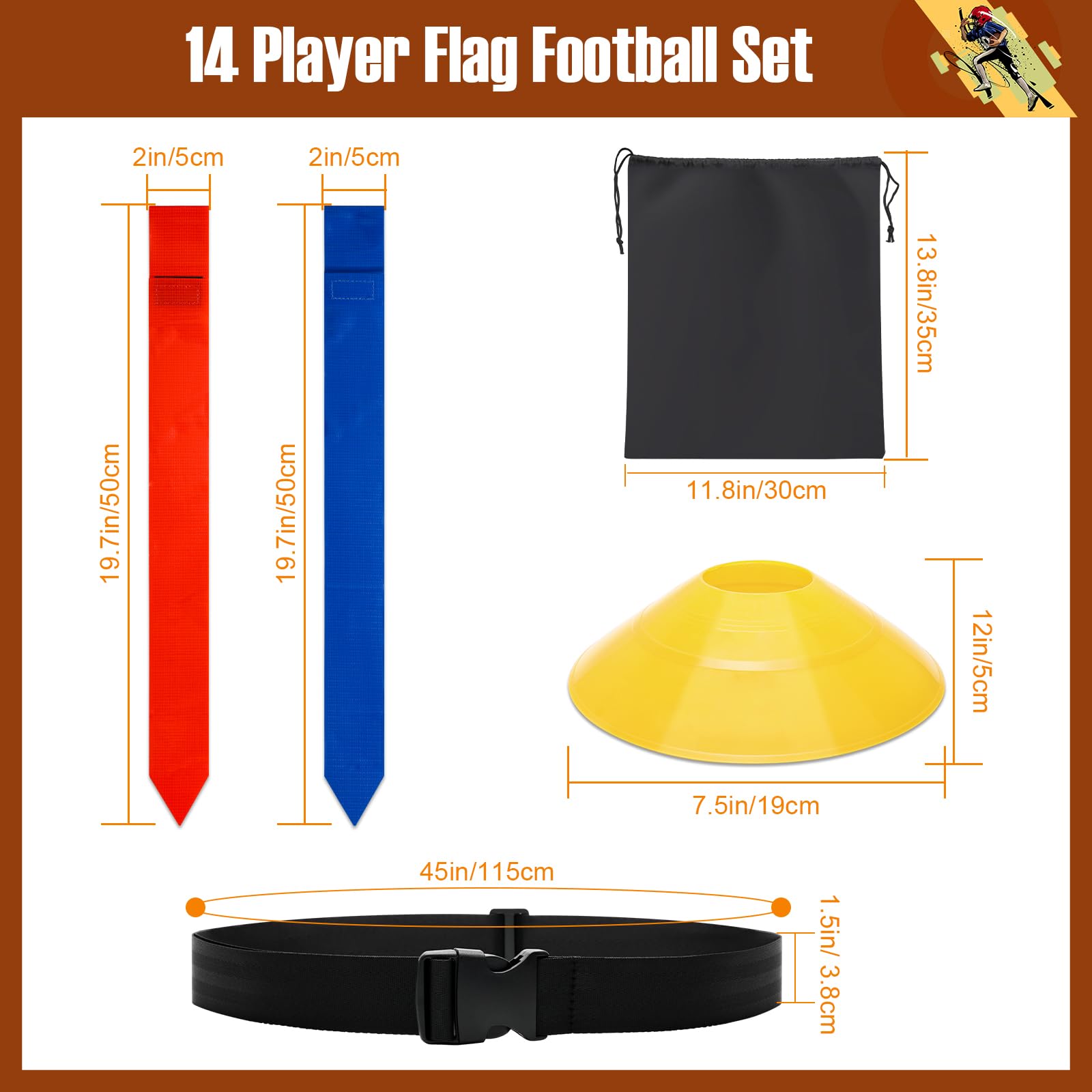 Flag Football Belts Set for 14 Players - Includes 14 Belts, 42 Flags, 12 Cones & Storage Bag - Youth & Adult Football Training Equipment - Perfect for Team Practice, PE Class and Backyard Games