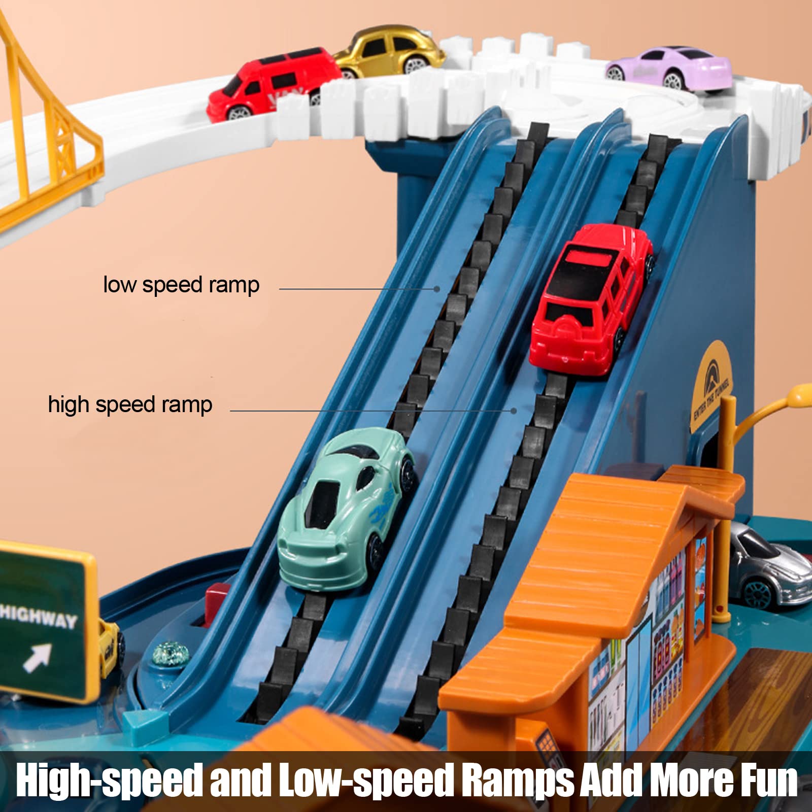 Car Playset Toy Ramp Track Set with 8 Mini Racer Cars & 4 Dinosaur Vehicles - Interactive Race Track for Preschool Boys & Kids Ages 3+ - Perfect Birthday Gift for Toddlers - City Highway Adventure Play for Indoor & Outdoor Fun