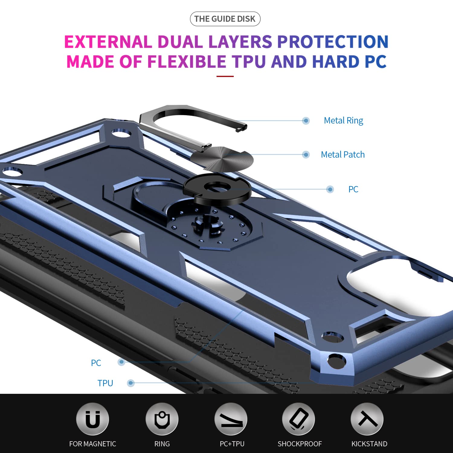 **Military-Grade Shockproof iPhone 12 Pro Max Case with Kickstand & Ring Holder - 2 Pack Tempered Glass Screen Protector & Camera Lens Protector Included - Blue - Perfect for Work, Travel & Outdoor Activities**