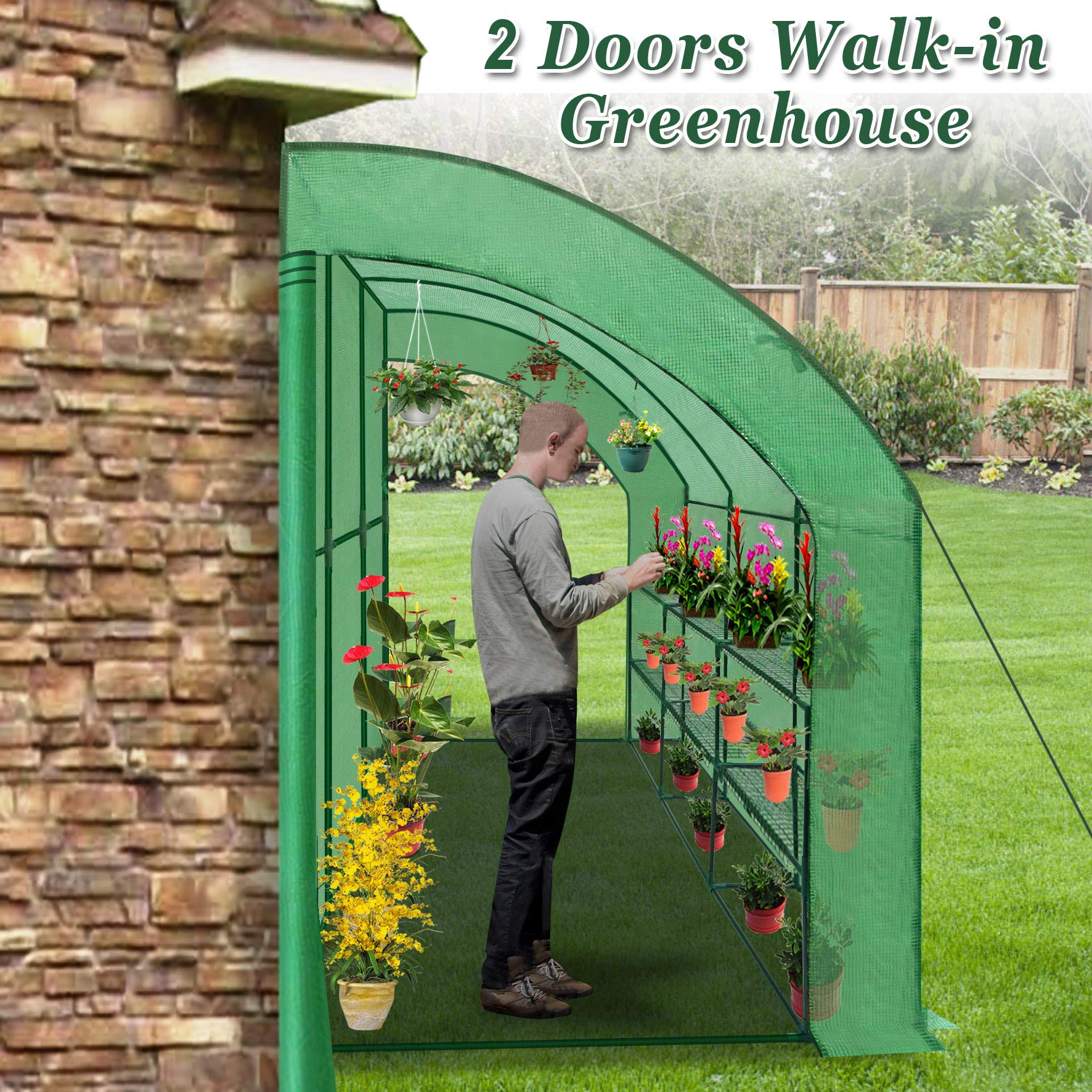 Large 10x5x7ft Walk-in Greenhouse with 3 Tiers & 6 Shelves - Heavy Duty Camel Structure & Dual Doors for Gardening, Plant Growing & Outdoor Storage (Green)