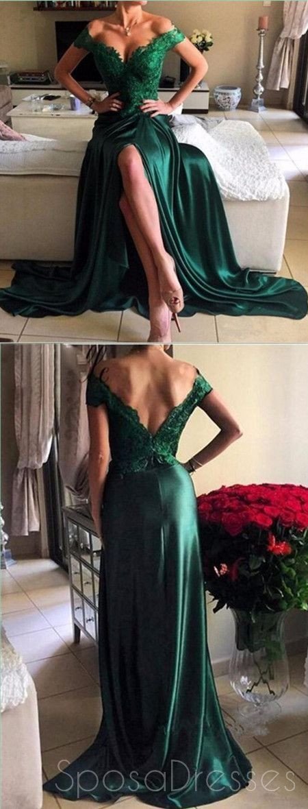 Emerald Green Off Shoulder Lace Evening Prom Dress with Side Slit - Elegant Long Formal Gown for Homecoming, Prom Night & Special Occasions