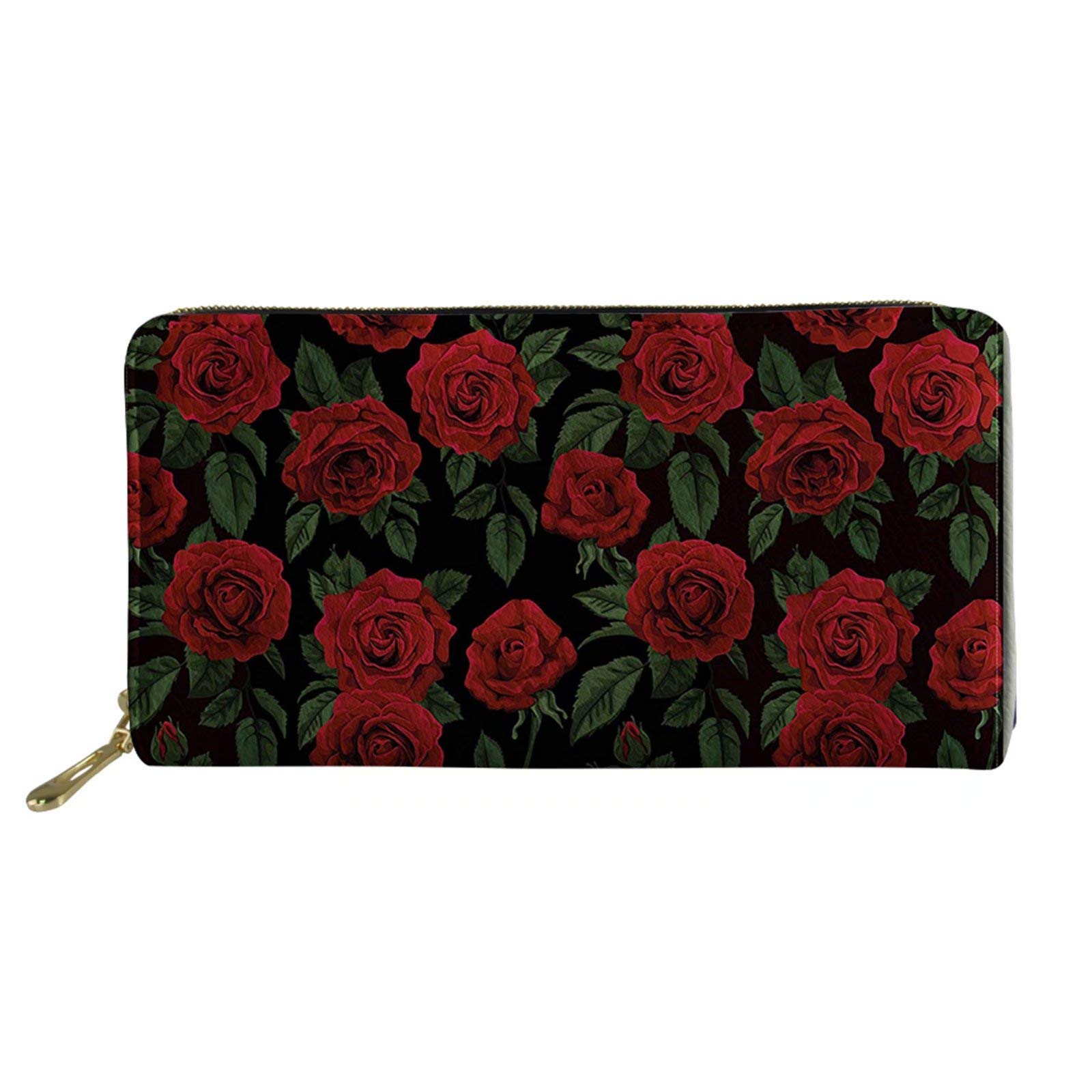 Snilety Women's RFID Blocking Long Wallet - PU Leather Card Holder with Zipper, Red Rose Print - Travel ID & Credit Card Organizer for Everyday Use and Business Trips