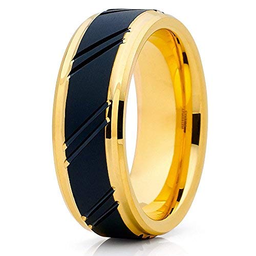 Yellow Gold Tungsten Wedding Band for Men - Durable Black Anniversary Ring - Perfect for Engagements, Weddings & Special Occasions