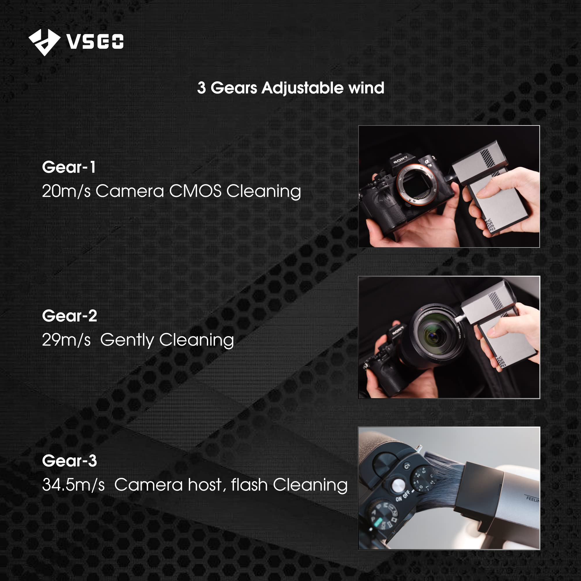 VSGO Electric Compressed Air Duster with 3 Speed Settings, LED Light & Soft Bristle Brush - Perfect for Camera Lens Cleaning, PC Keyboard Maintenance, Camping Gear, Outdoor Equipment & Car Detailing