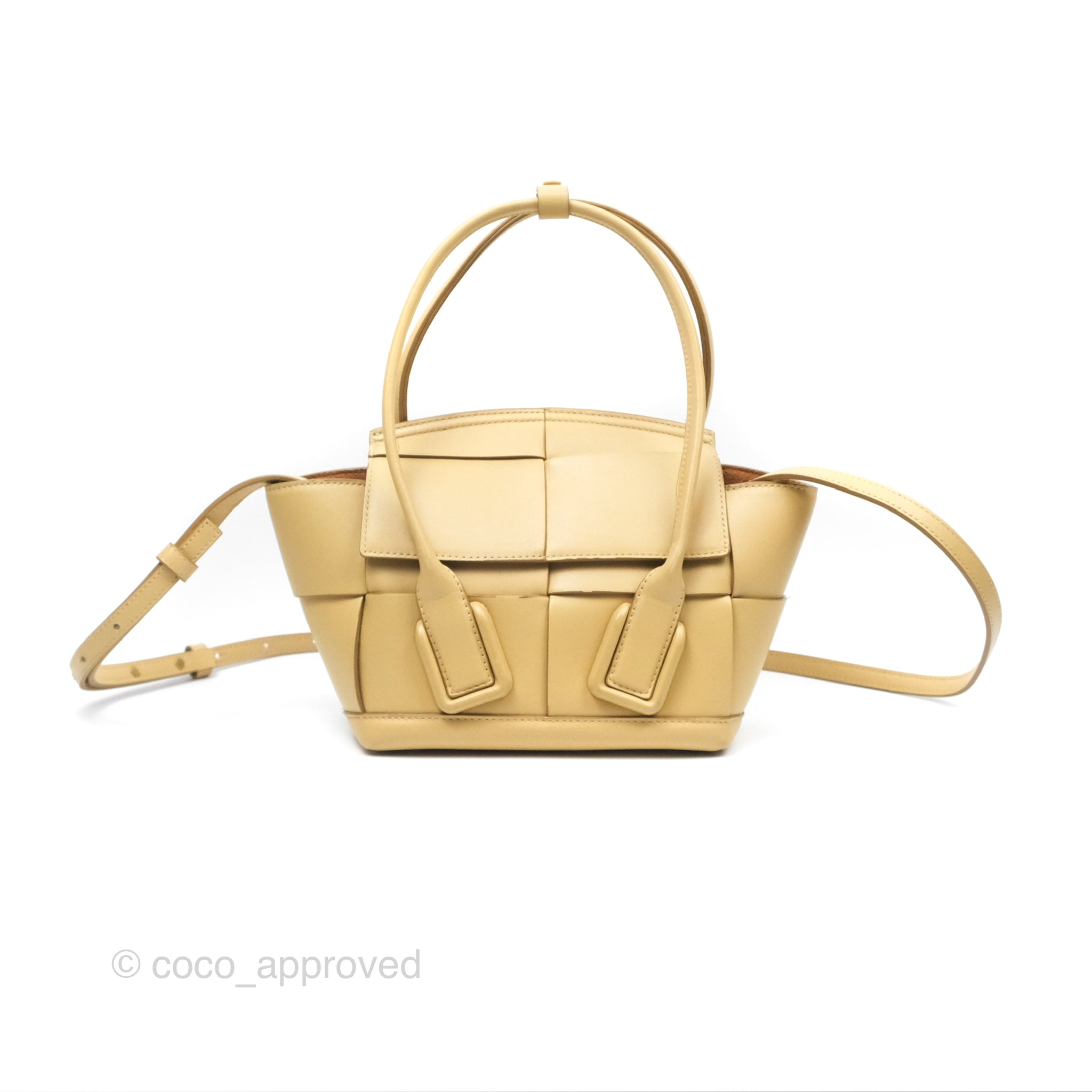 Bottega Veneta Arco Mini Intrecciato Textured Leather Tote Bag in Yellow | Luxury Designer Handbag for Women | Perfect for Work, Travel & Everyday Use