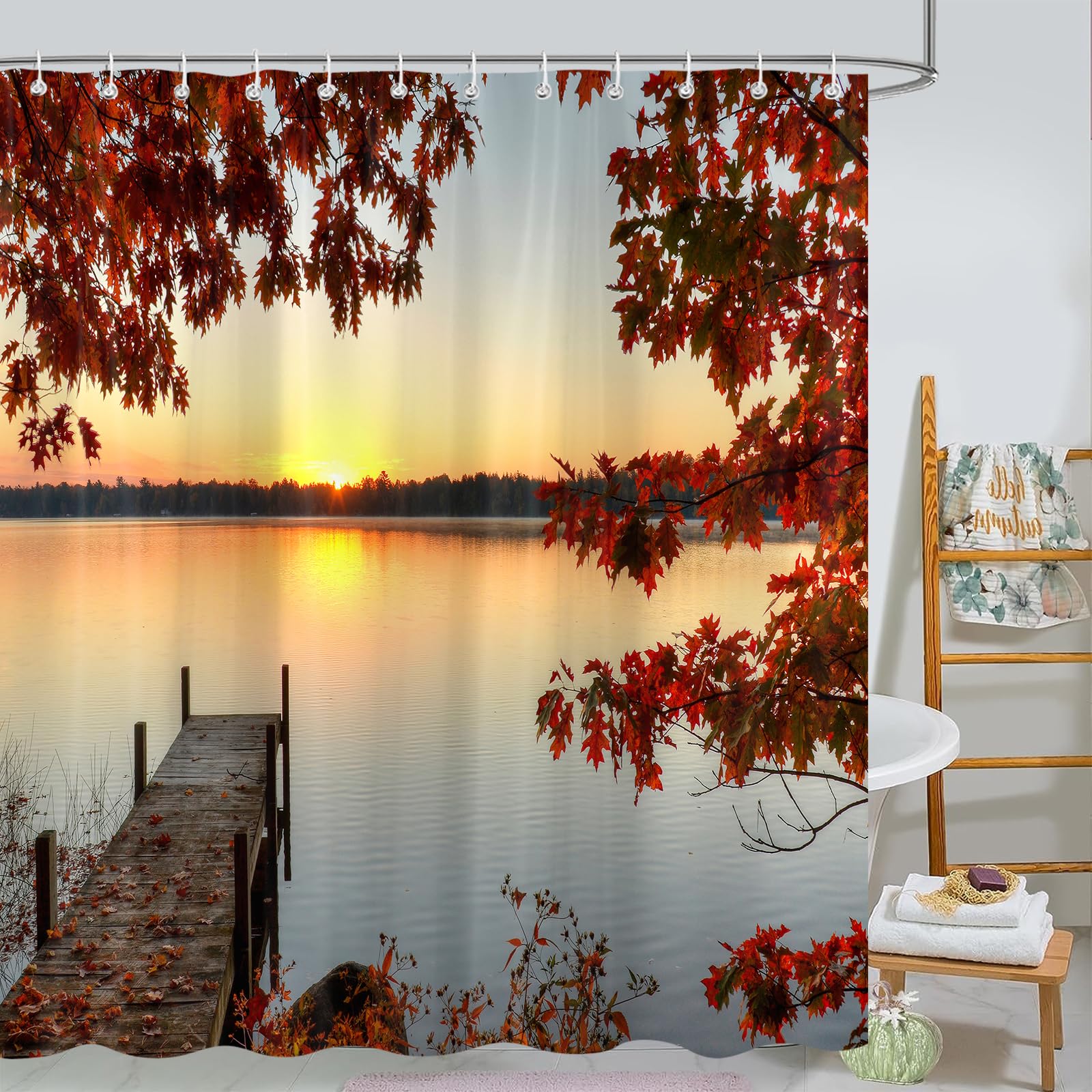 Autumn Maple Leaf Shower Curtain Set - 72x72 Inch Thanksgiving & Halloween Bathroom Decor with Hooks, Waterproof Fabric Bath Curtain for Fall Season | Perfect for Cozy Seasonal Home Decor