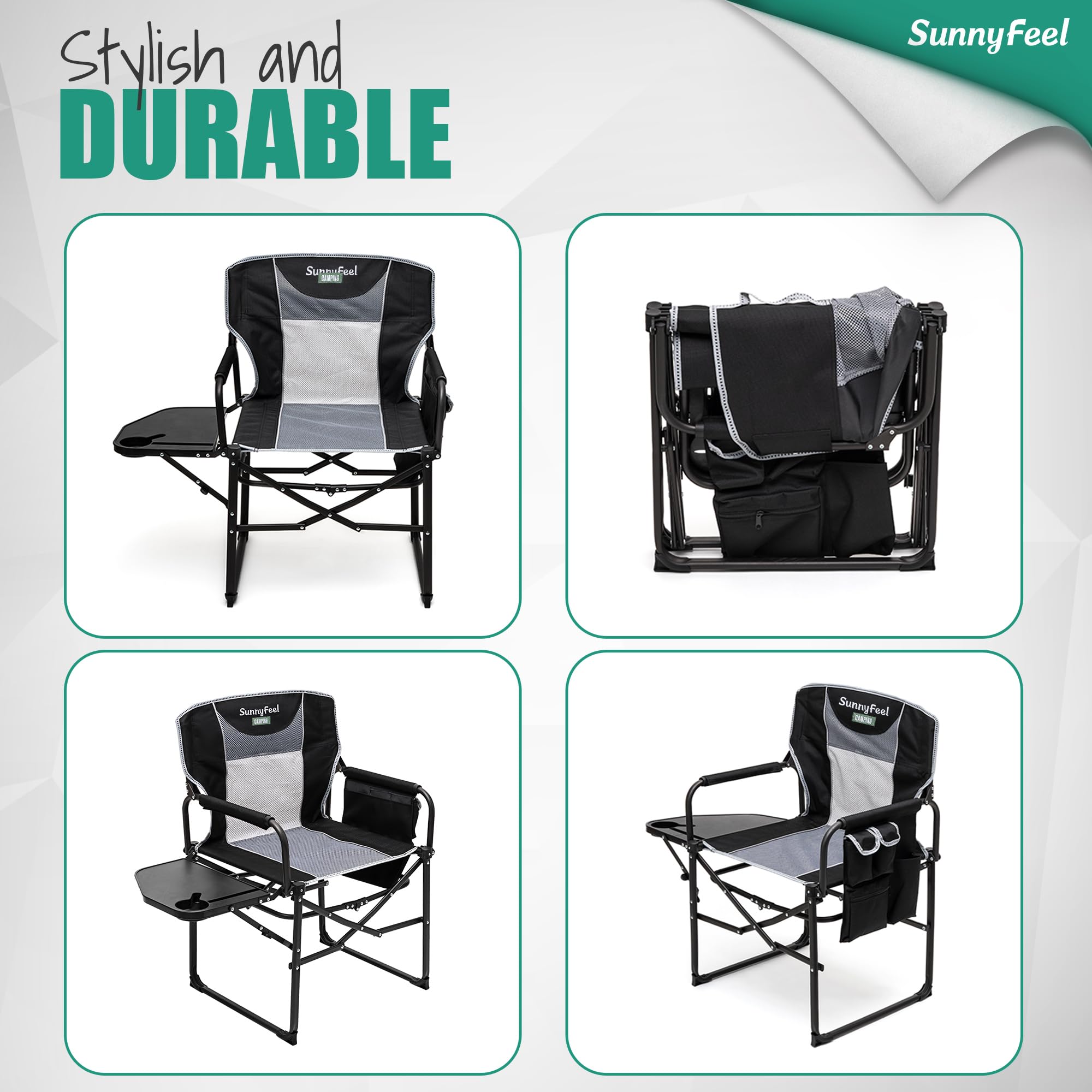 **SUNNYFEEL Heavy Duty Oversized Camping Director Chair – 500 LB Capacity, Portable Folding Chair with Side Table & Storage Pocket – Perfect for Beach, Fishing, Picnic, Lawn, Concert & Outdoor Adventures**    *(Optimized for Google SEO, translated to English, and enhanced with usage scenarios.)*