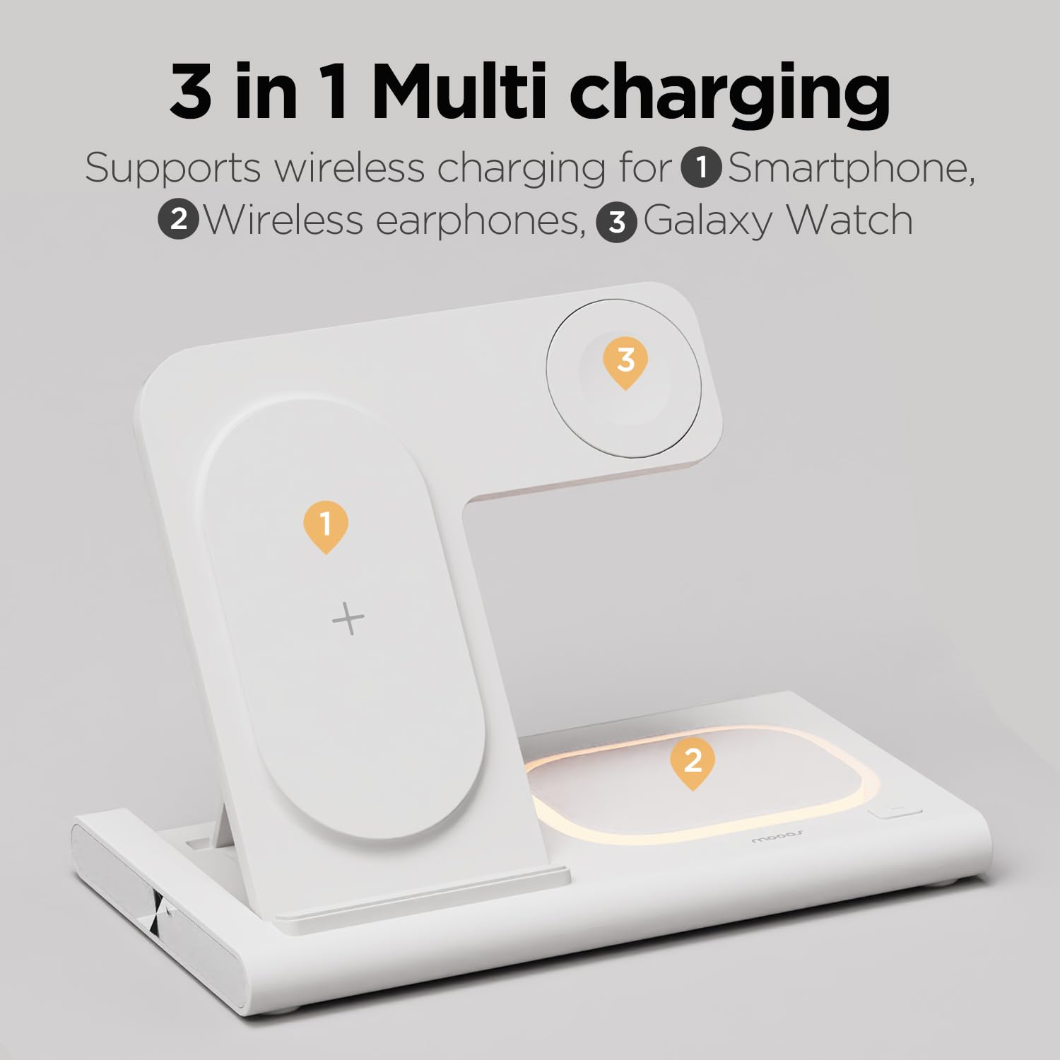 Mooas 3-in-1 Wireless Charging Station - 15W Fast Wireless Charger with Night Light - Compatible with iPhone 15/14/13/12/11/XR/XS/8/Pro/Max/Ultra, Samsung S24/S23/S22/S21, AirPods & Galaxy Watch - Perfect for Bedside, Office & Travel Charging Needs