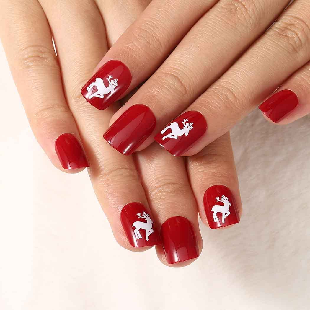 Square Christmas Fake Nails Short Press on Nails - Acrylic Designer Red Glossy False Nails with Elk Pattern for Women & Girls | Holiday Party, Gift Giving, Festive Nail Art