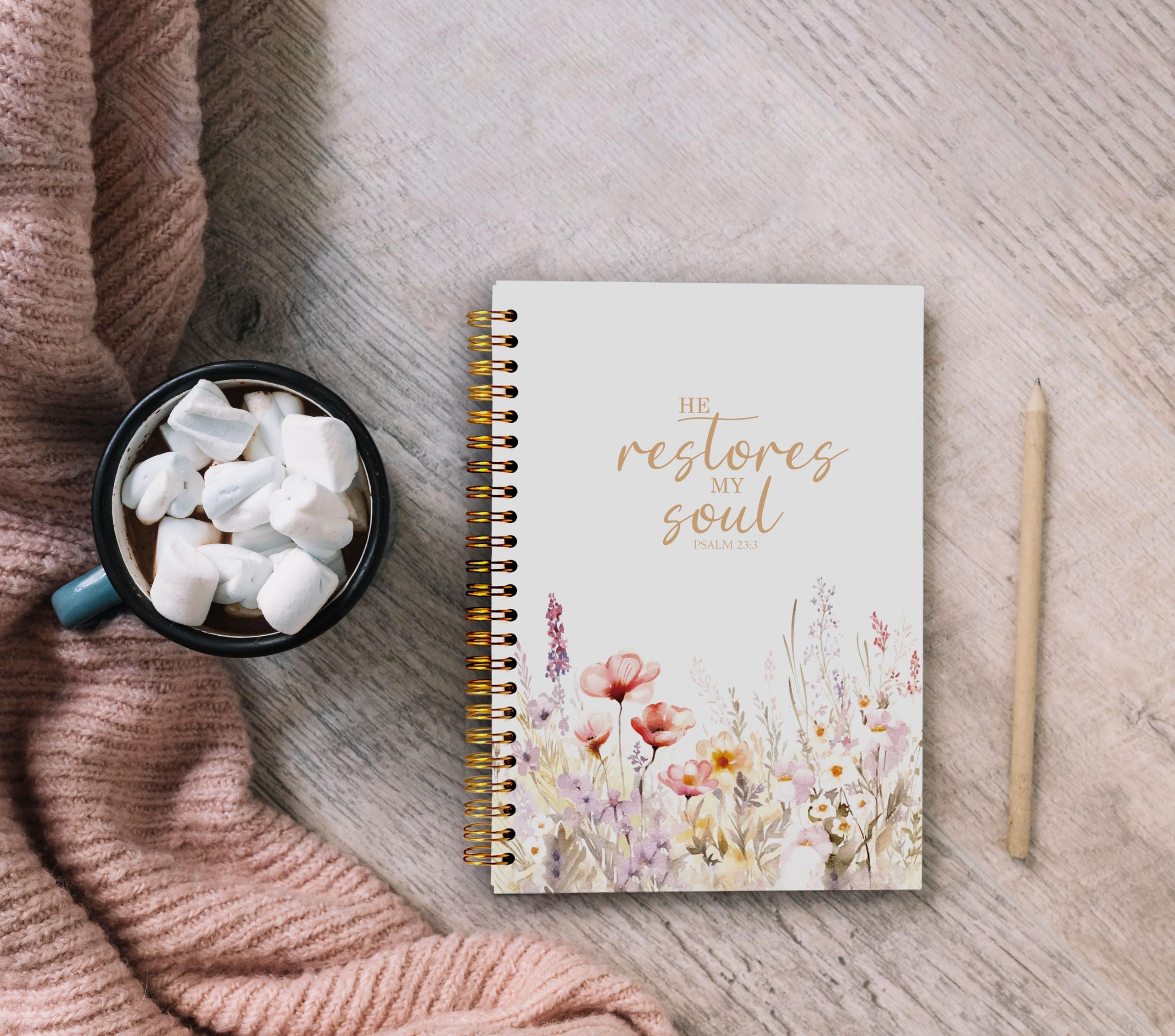 Christian Notebook for Women - Floral Spiral Prayer Journal with Bible Verse (Psalm 23:3) - 5.5x8.3 Inspirational Gift - Perfect for Bible Study, Devotional Writing & Personal Reflection