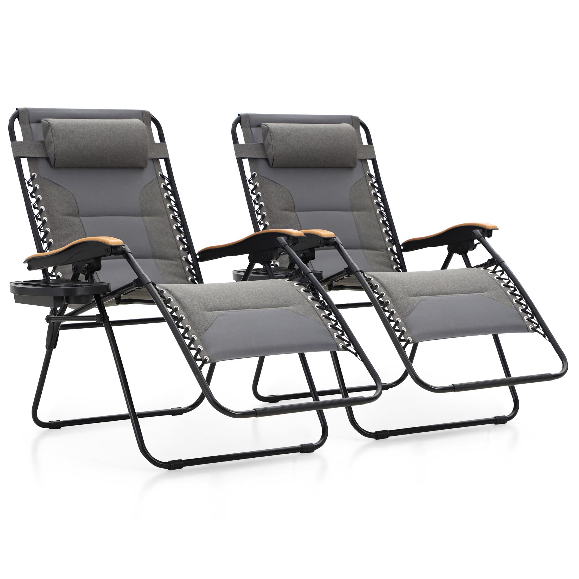 MFSTUDIO Zero Gravity Chairs Set of 2 - XL Oversized Outdoor Patio Lounge Chairs with Adjustable Reclining, Padded Headrest & Cup Holder - Supports 400lbs - Light Grey - Perfect for Backyard, Poolside, Camping & Beach Relaxation