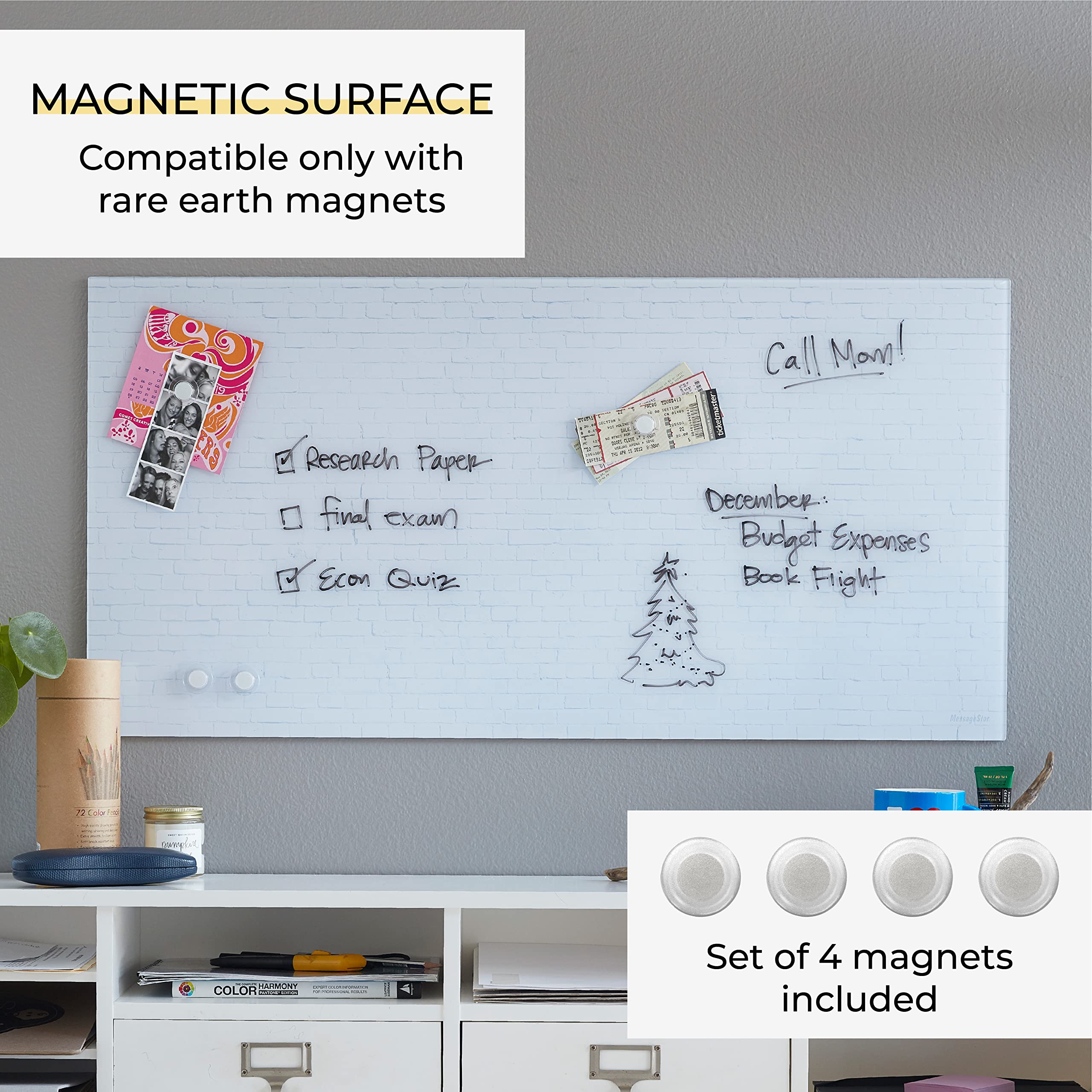 ECR4Kids Magnetic Dry-Erase Glass Whiteboard - 18x36 Inch Wall Mounted White Board with Magnets for Office, Classroom & Home Use - White Brick Design