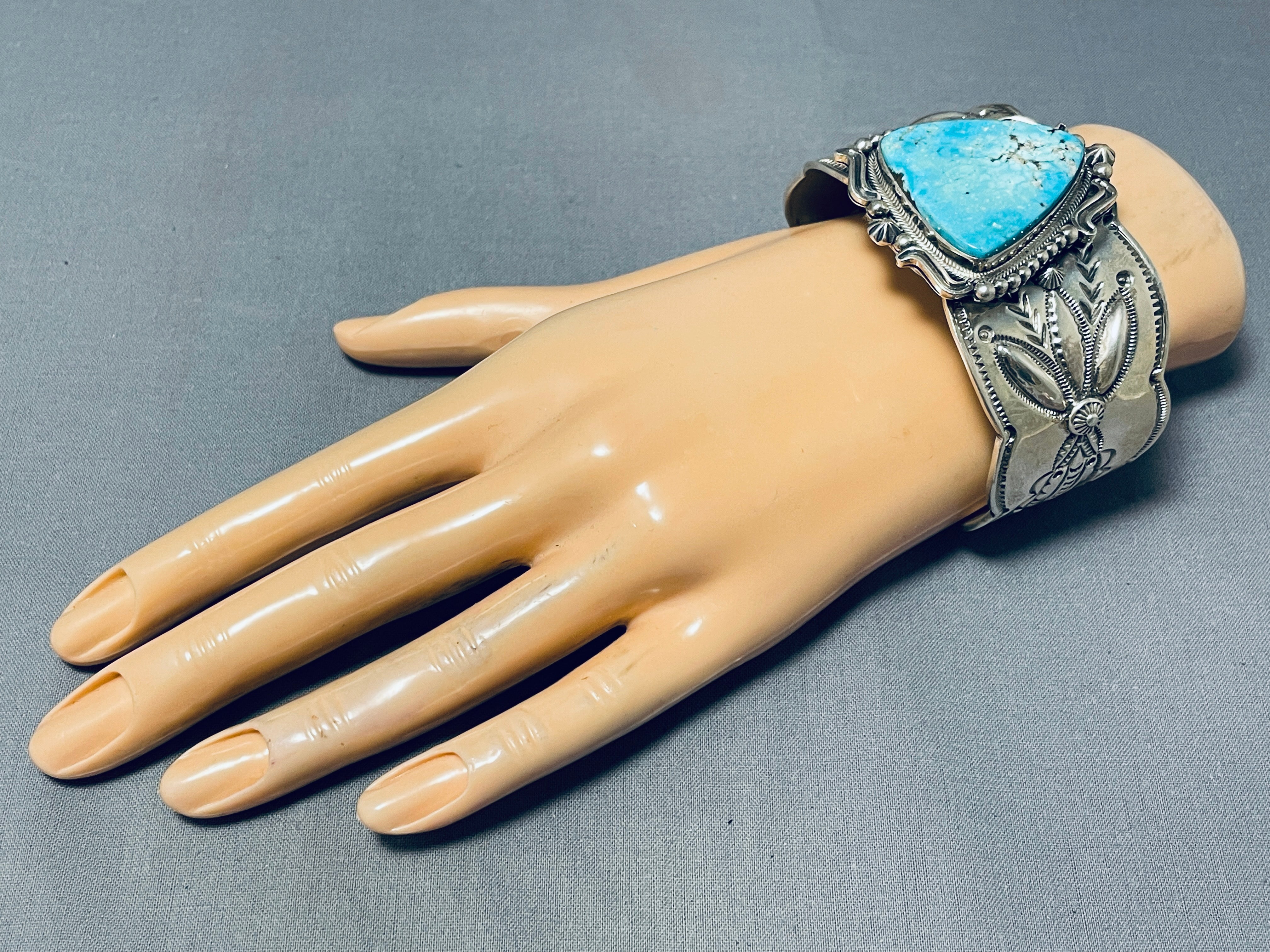 Aaron Toadlena Vintage Native American Navajo Gilbert Turquoise Sterling Silver Bracelet - Handcrafted Southwest Jewelry for Women, Perfect for Boho Fashion & Special Occasions