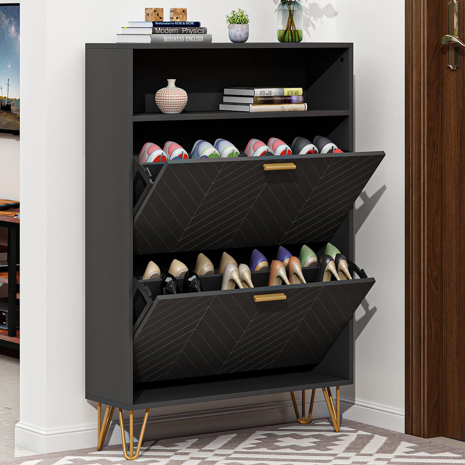 Modern Tipping Bucket Shoe Storage Cabinet with 2 Flip Drawers - Space Saving Entryway Shoe Rack with Storage Top Cubby, Narrow Slim Hidden Organizer with Doors - Freestanding Shoe Cabinet for Small Spaces (Black) | Perfect for Apartments, Hallways & Closet Organization