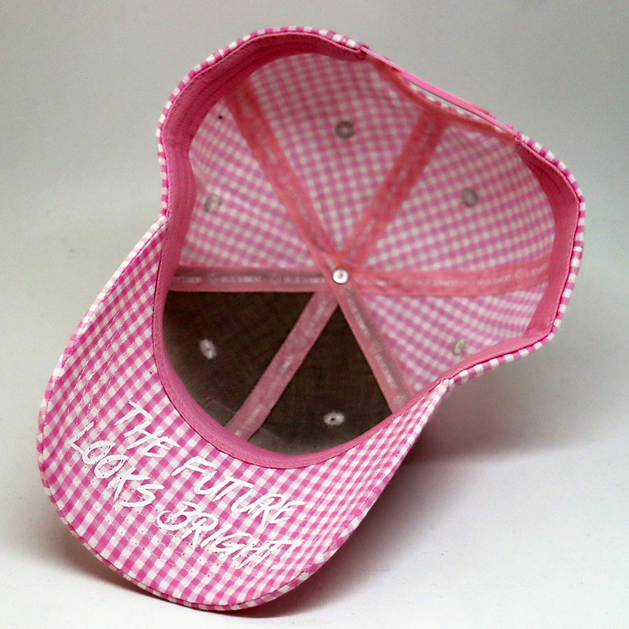 VT Shield Future Looks Bright Pink Gingham Check Snapback Hat - Stylish Baseball Cap for Women & Men - Perfect for Summer Outfits, Beach Vacations & Outdoor Activities
