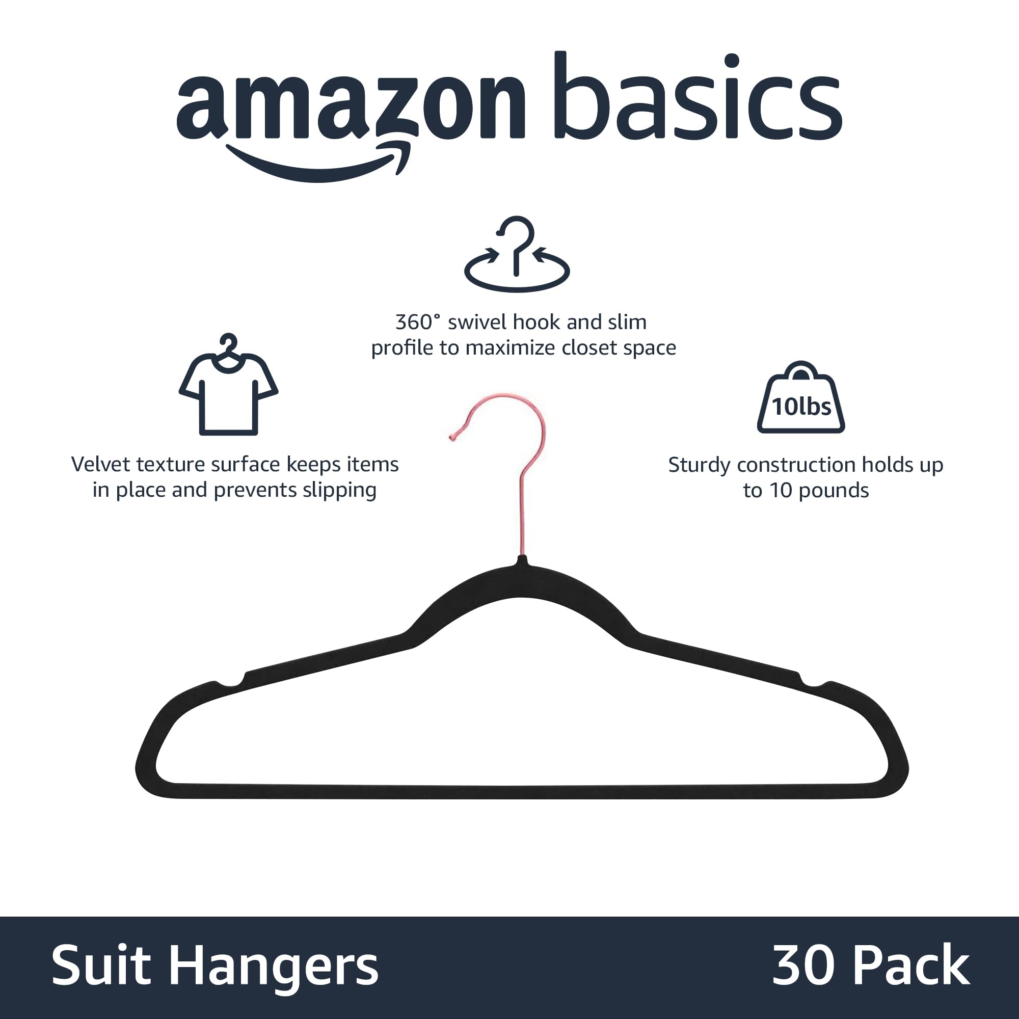 Amazon Basics Slim Velvet Non-Slip Clothes Hangers - 30 Pack (Black/Rose Gold) - Space Saving Hangers for Suits, Dresses & Coats - Perfect for Closet Organization & Travel