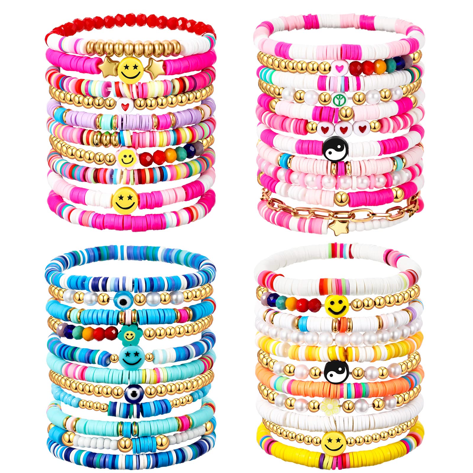 Ecally 44 Pcs Heishi Preppy Bead Bracelets - Colorful Clay Friendship Bracelets Set for Women | Y2K Stretch Beach Jewelry | Perfect for Summer Vacation, Music Festivals & Boho Style Outfits