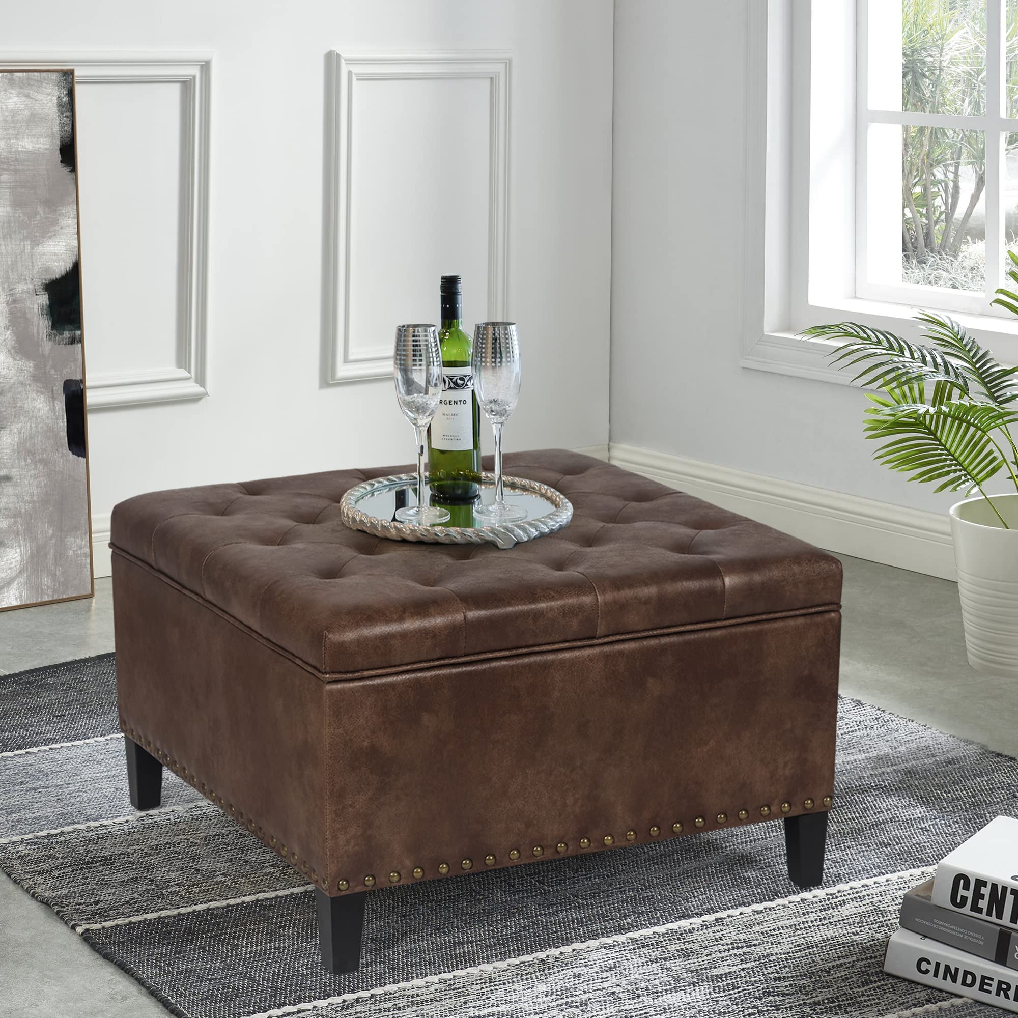 Adeco Large Square Storage Ottoman Bench - PU Leather Tufted Upholstered Coffee Table Footstool with Wood Legs for Living Room, Bedroom | Multi-Functional Seat & Storage Solution for Home Decor, Coffee Table Alternative, Footrest & Extra Seating