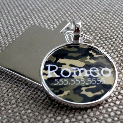 Custom Camouflage Silver Pet ID Tag - Personalized Engraved Dog & Cat Collar Accessory for Outdoor Adventures & Travel Safety