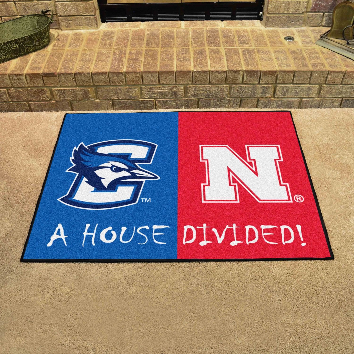 StarSun Depot House Divided Mat - Creighton vs Nebraska 33.75x42.5 Inch College Rivalry Doormat - Perfect for Game Day, Front Door Decor & Fan Gifts