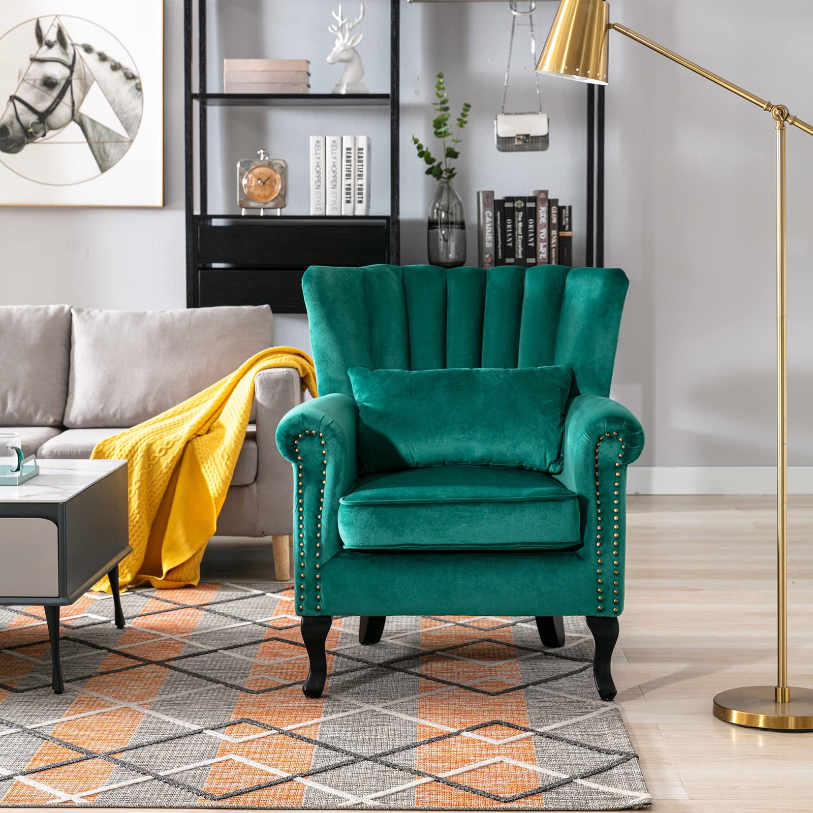 Midcentury Modern Accent Reading Arm Chair - Tufted Wingback Club Chair with Velvet Upholstery for Living Room, Bedroom & Reception - Comfy Corner Sofa Chair for Relaxing & Waiting Areas