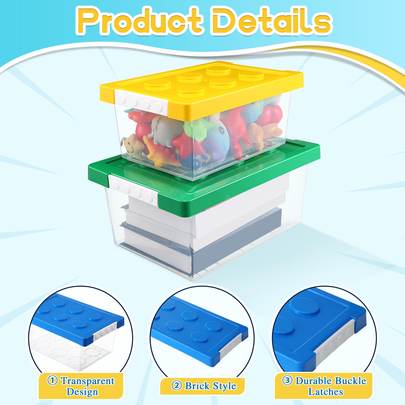 Vicenpal 4 Pack Brick Shaped Toy Storage Containers with Lids - Clear Plastic Stackable Organizer Bins for Kids Building Blocks, Dolls & Toys (Large & Small, Red, Yellow, Blue, Green) - Perfect for Playroom, Nursery & Classroom Organization