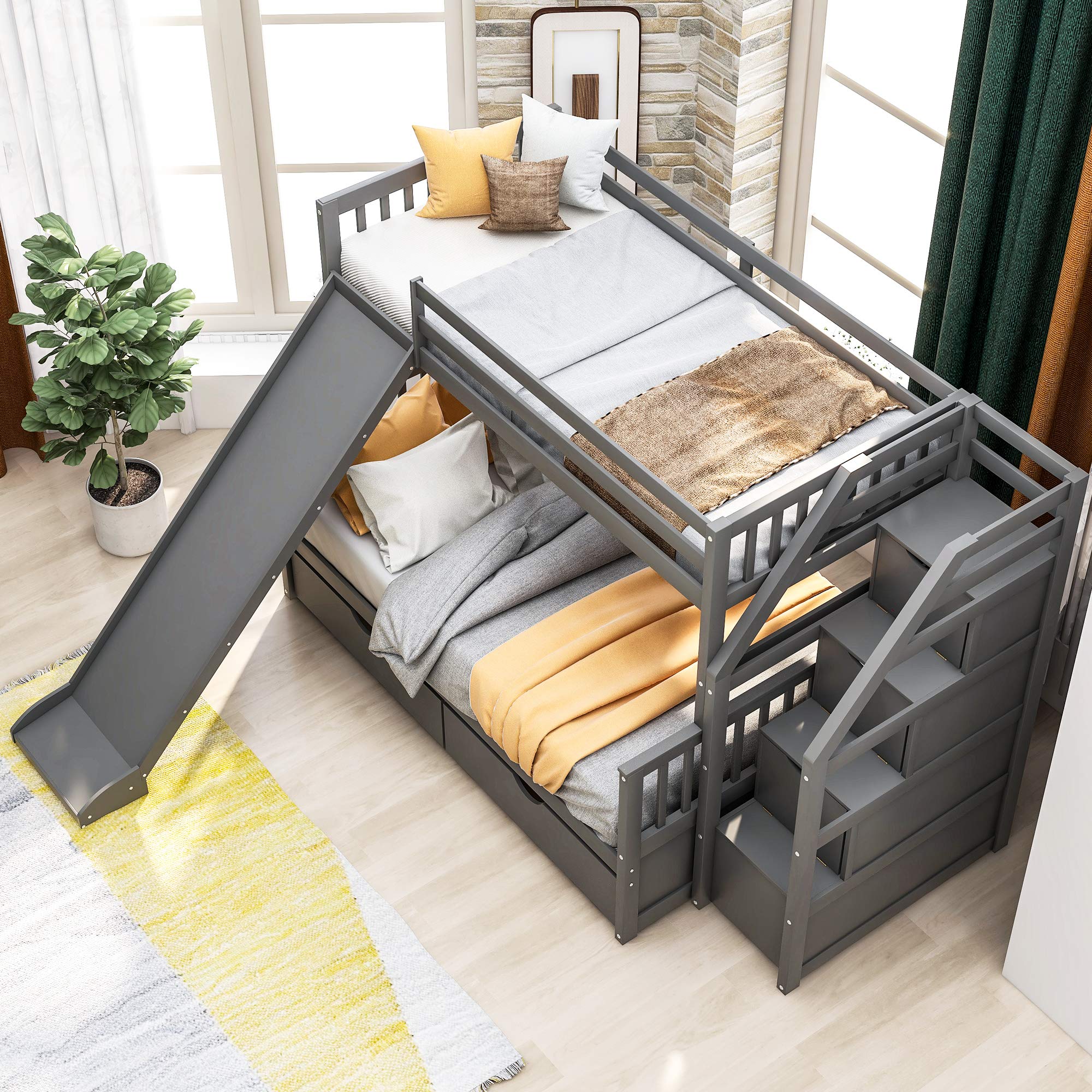 KLMM Twin Over Full Bunk Bed with Storage & Slide - Convertible for Kids & Adults (Gray) - Perfect for Small Spaces & Shared Rooms